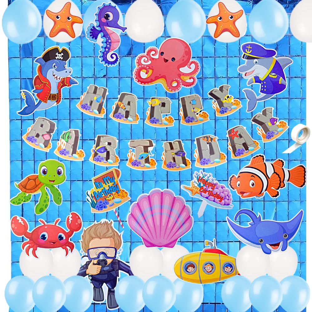 FI - FLICK IN 51 pcs Baby Shark Theme Birthday Decorations Metallic Balloons Cutouts Props 1st Bday Decoration Items Cake Topper Square Curtain Aqua Theme Birthday Party Decorations (Pack of 51, Blue)