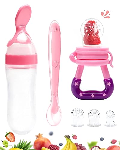 Miniatura 2 de Chupete alimentador de frutas para bebés, paquete de 3, 1 chupete de silicona para bebés y 1 dispensador de cuchara de comida para bebés y 1 cuchara