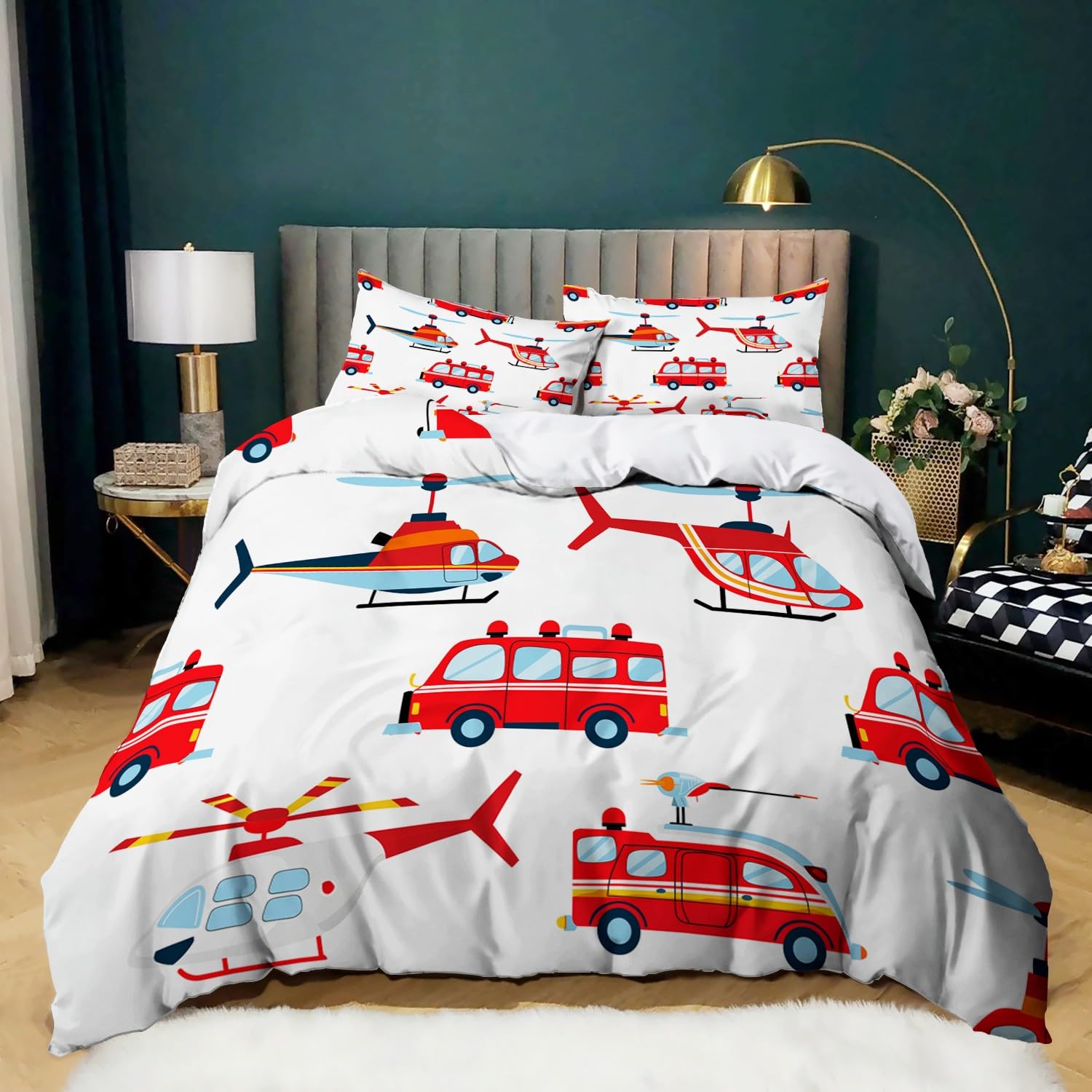 Housse de couette 140x200 enfants avec taies d'oreiller motif camion pompier