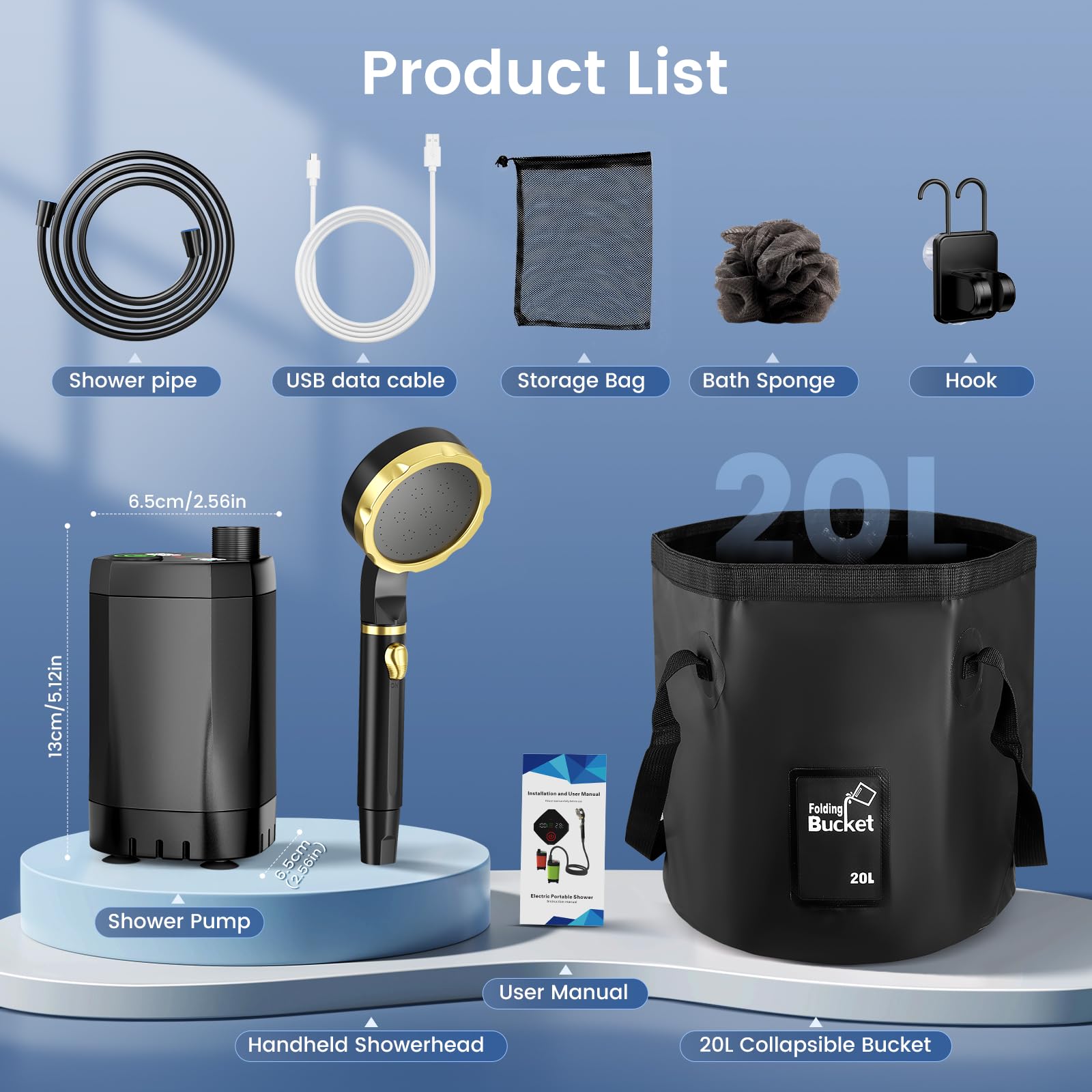 Doccia da Campeggio, Doccia Portatile Ricaricabile da 7800 Mah Con Secchio Pieghevole di Grande Capacità, Soffione Filtrato, Pompa Per Doccia da Campeggio All'Aperto per Escursionismo