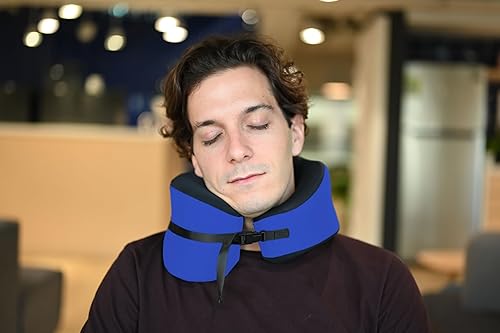 Miniatura 36 de C CUSHION LAB Almohada de viaje, galardonado diseño ergonómico patentado para barbilla y cuello, almohada de cuello de espuma viscoelástica, Azul