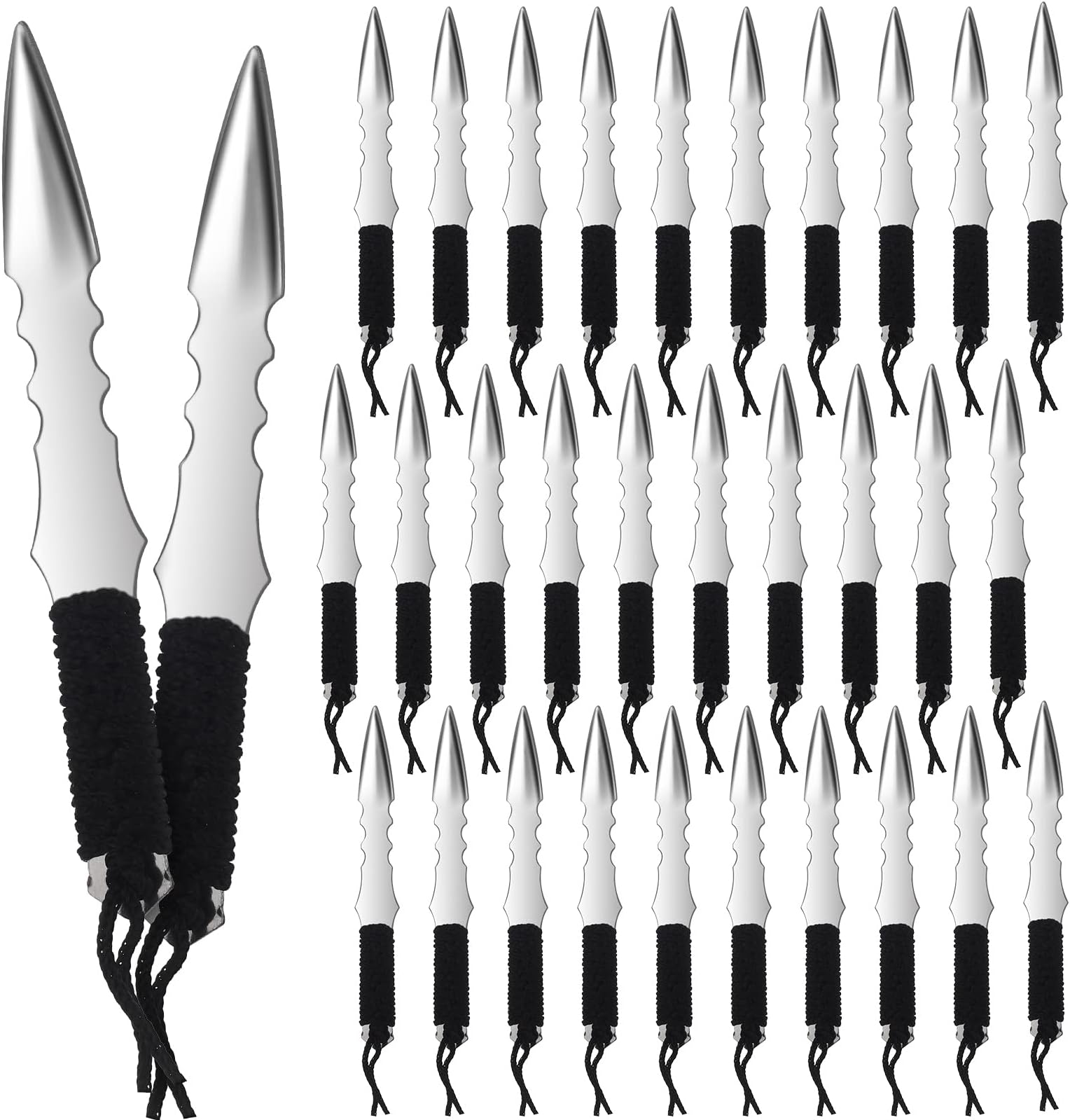 Kunai 32pcs 5.3 Stainless Steel Throwing Tips Set with Black Cord Wrapped Handles and Bulk Chinese Inscription Toss Sports Kit for Adult Collections,