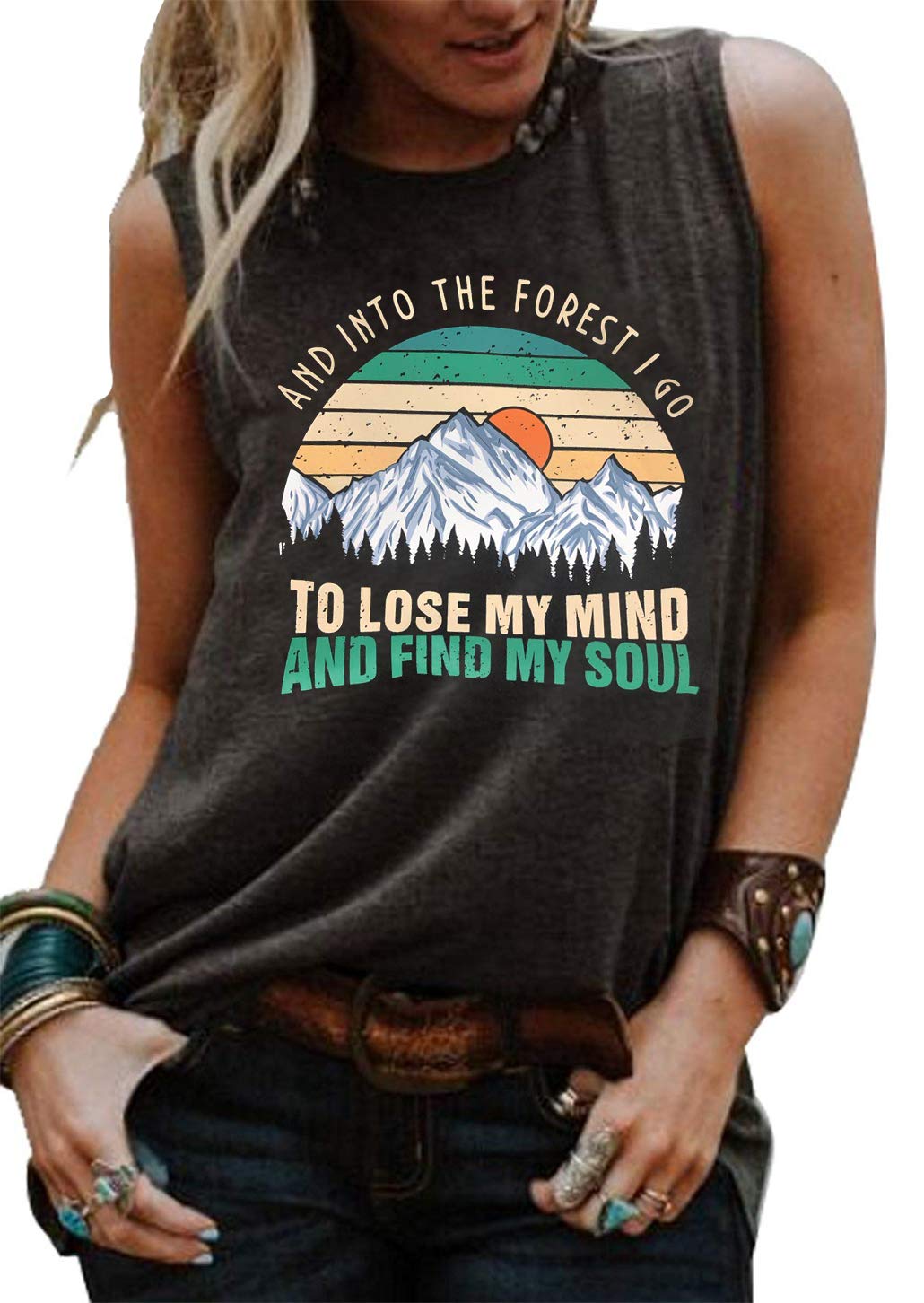 SUNFLYLIGWomens Hiking Funny Graphic Muscle Tank Tops and Into The Forest I Go to Lose My Mind and Find My Soul T Shirt