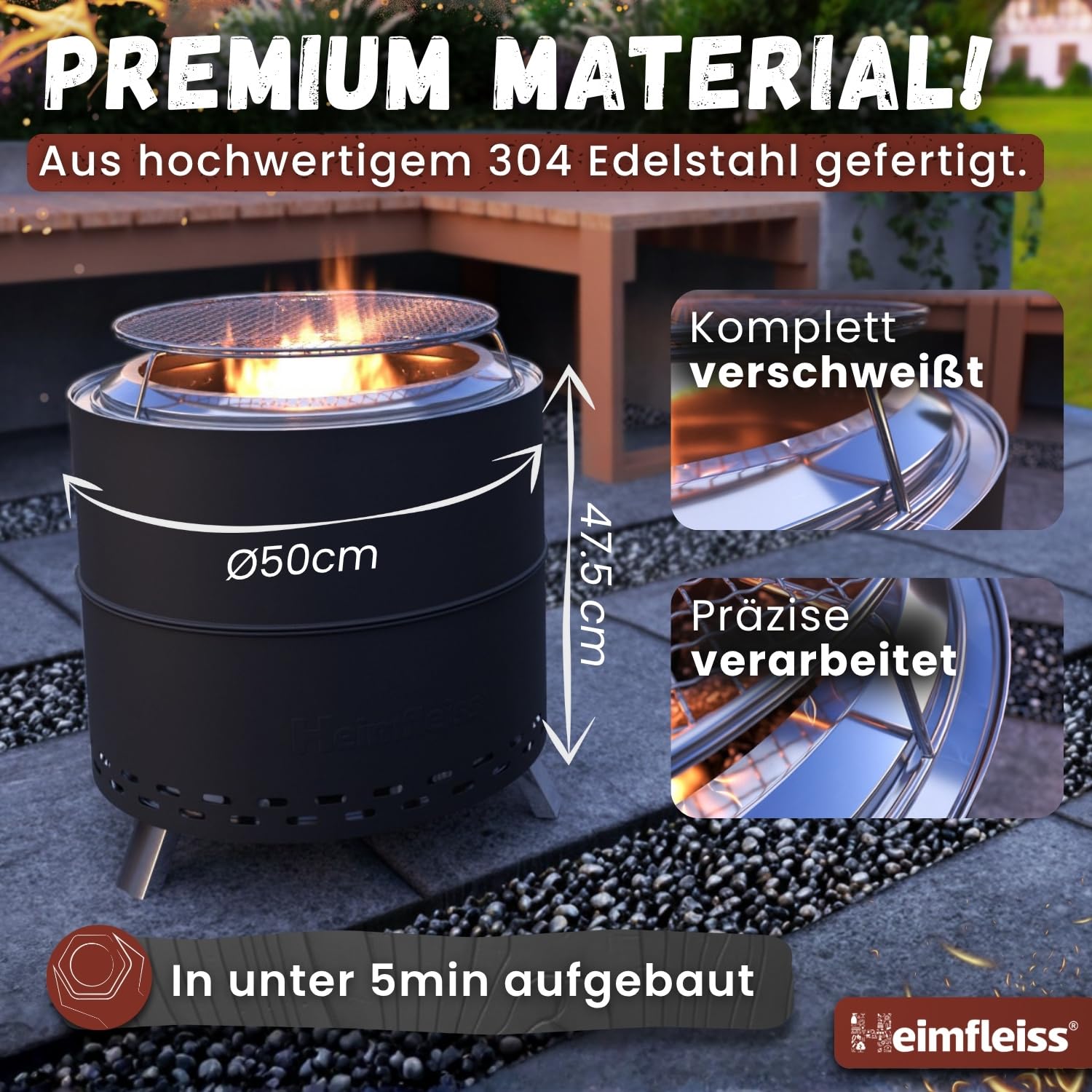 Heimfleiss® Rauchfreie Feuerschale Edelstahl Ø50cm Feuerkorb mit Grillrost für Garten Camping Balkon Terrasse