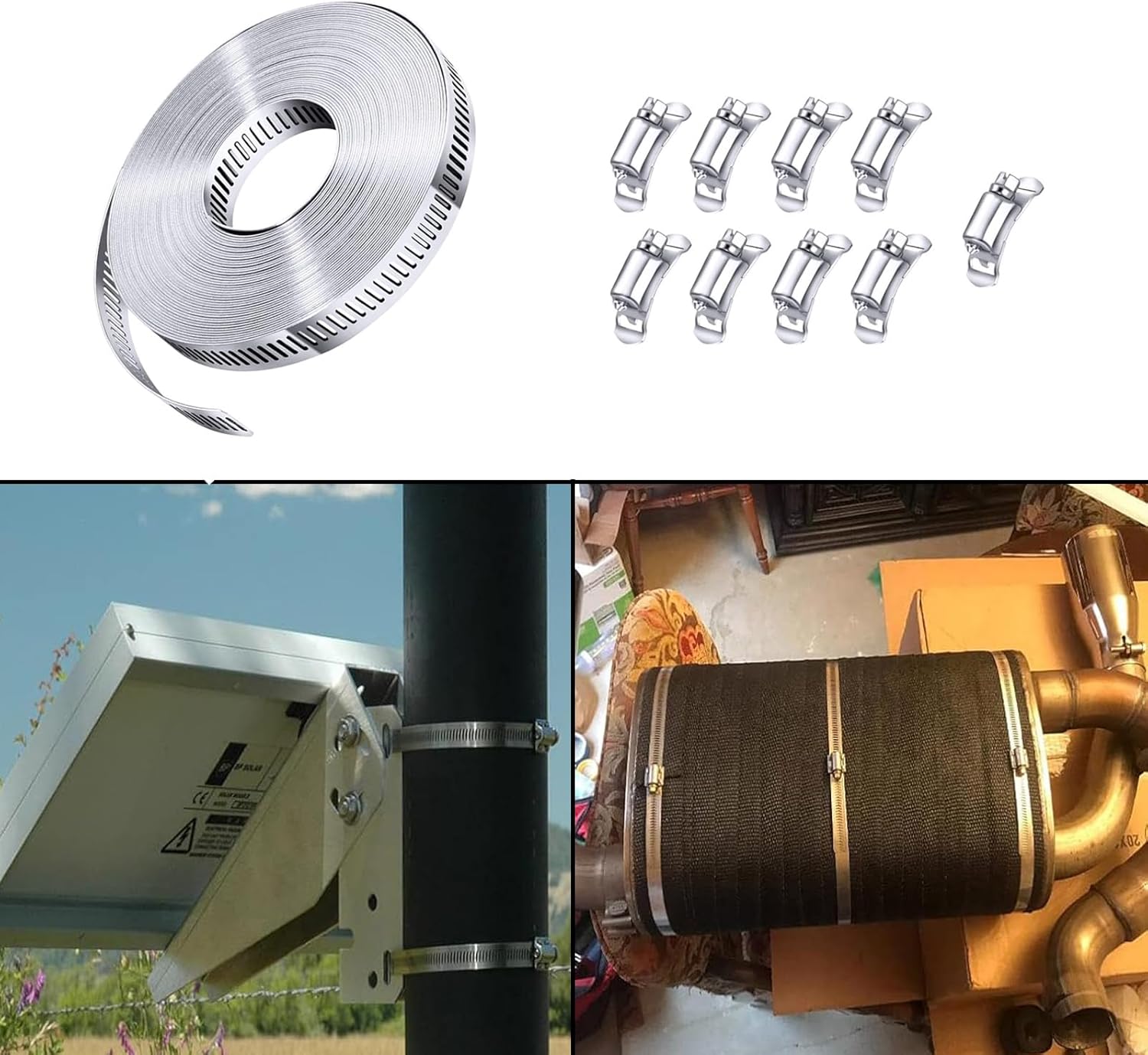 30 FT Stainless Steel Hose Clamp System Kit, DIY Cut-to-Fit Strap and 9 Fasteners, Heavy Duty for Air Duct, Dryer Vent and Marine