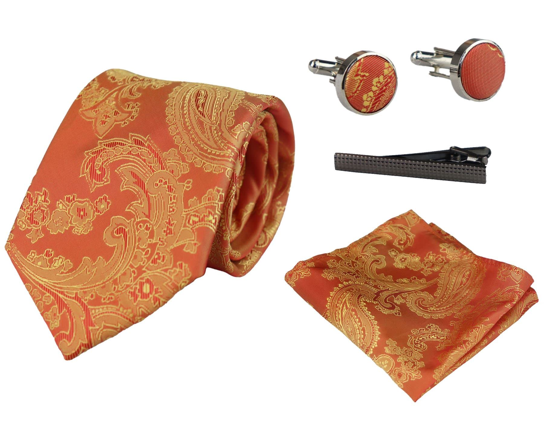 Truclothing Orange 109 Paisley Neck Tie Gift Set Pocket Square Cuff Links Tie Floral Satin - Orange 110 One Size
