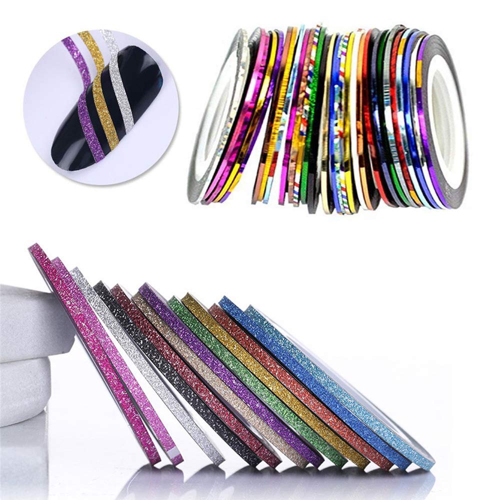 32 Rouleaux de Couleurs Mélangées Nail,Ruban Autocollants à Ongles de Conception de Bricolage, Accessoires D'outils à Ongles en fil d'or et D'argent