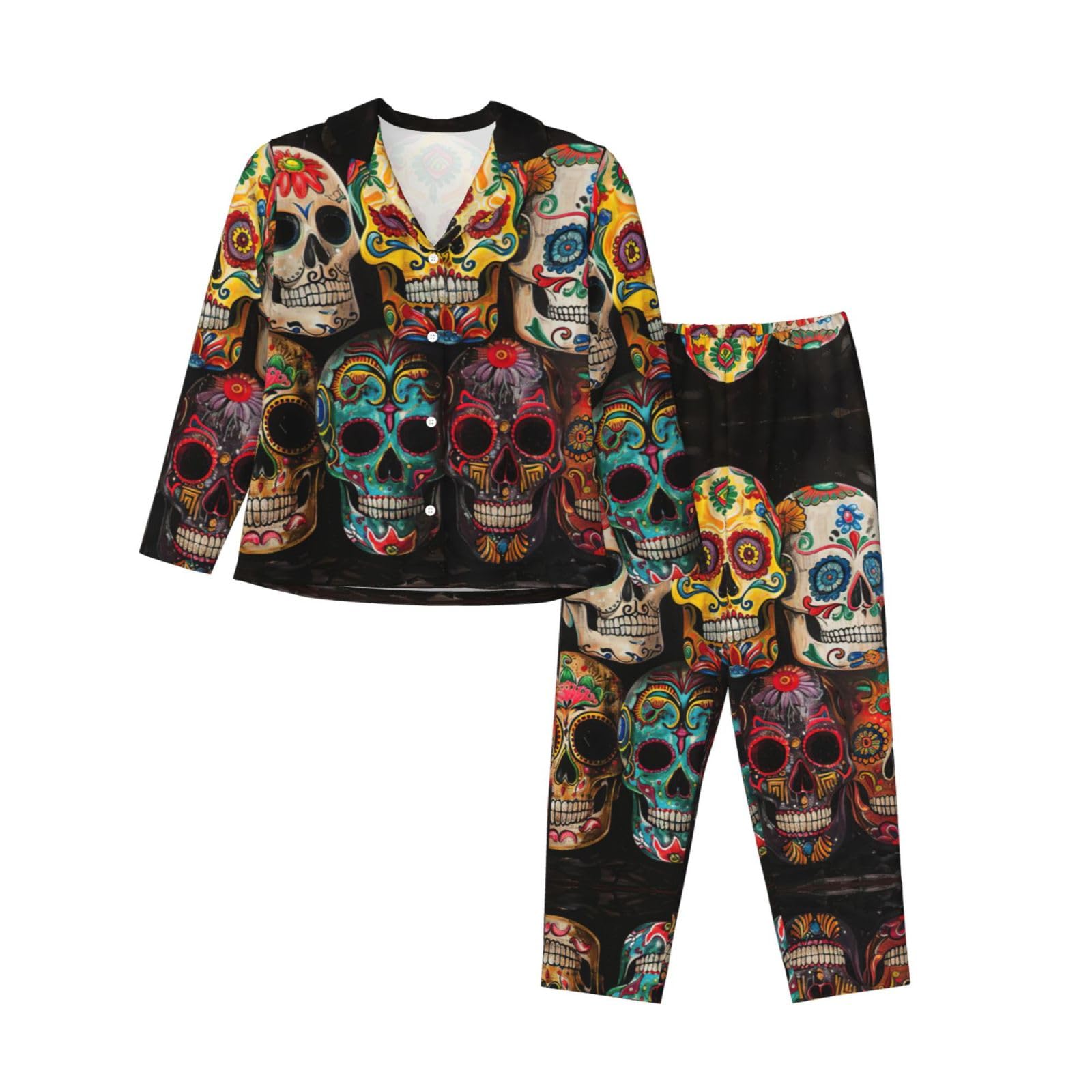 LLOTPQ M Long Sleeve Pajama Set for Women â€“ sugar skulls Print Loungewear for Fall & Winter, Comfortable Sleepwear Black