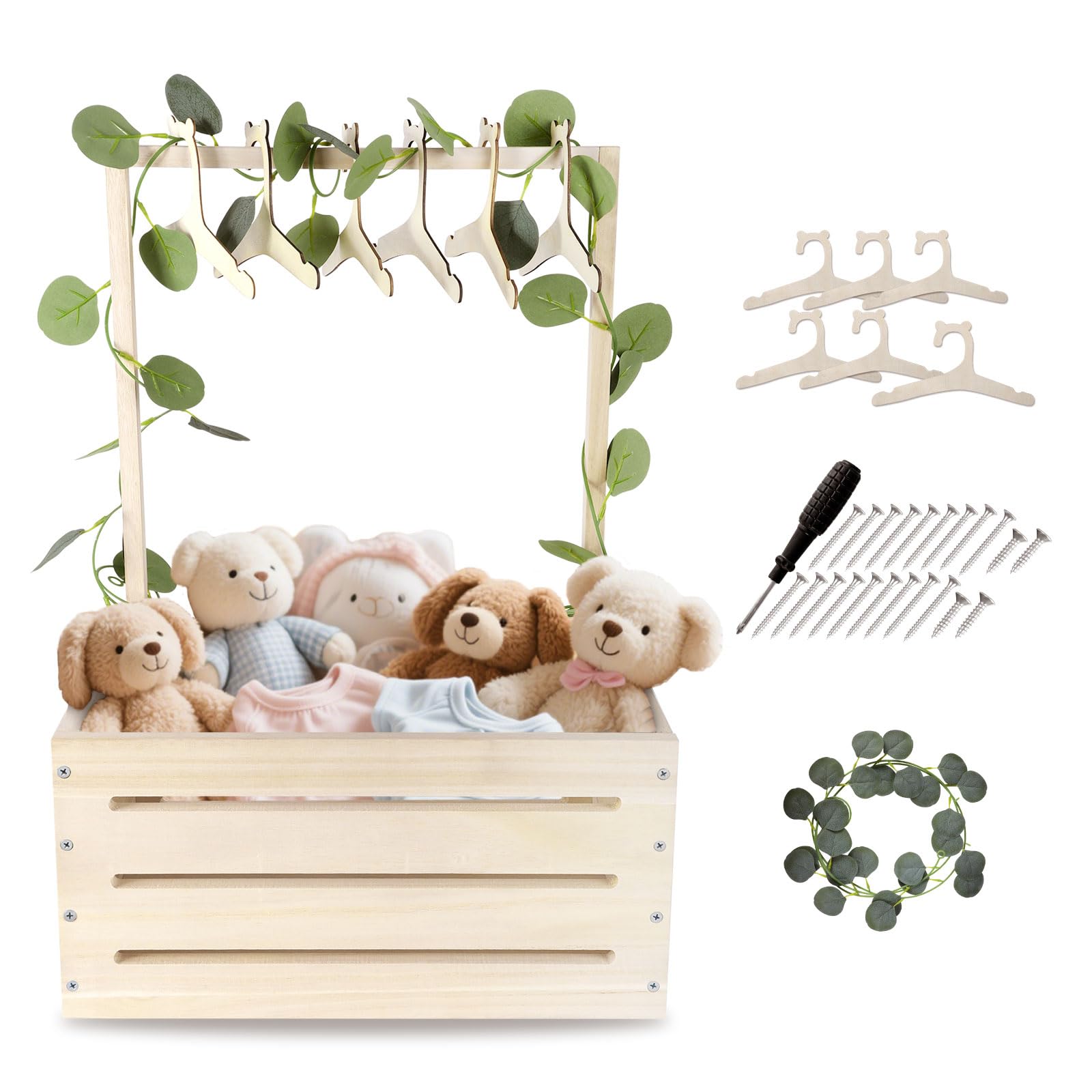 Aitakatta Wooden Basket with Hangers, Storage Basket with Handle and Garland, Shower Crate Hamper, Basket for New Parents(LPL-Natrl)