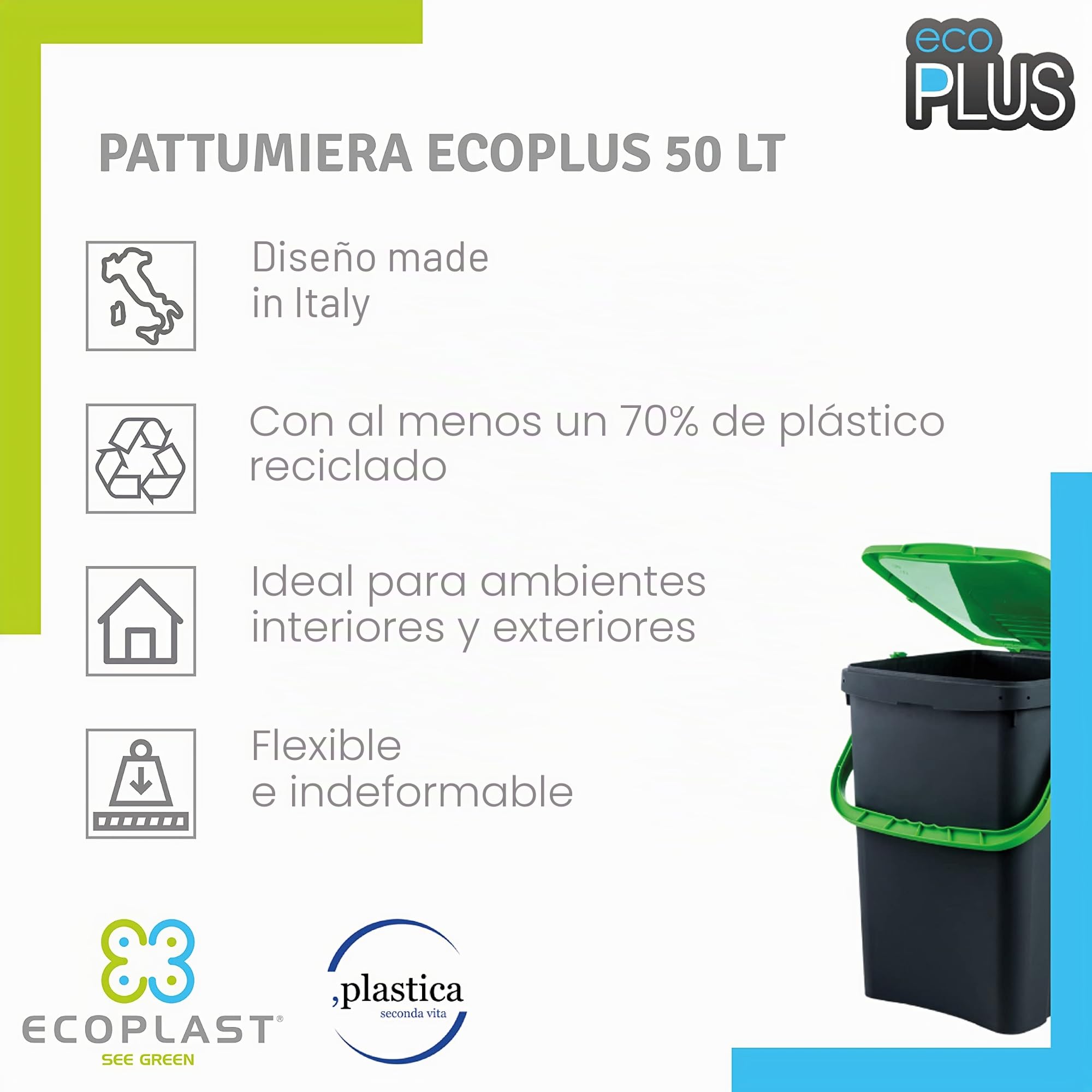 Ecoplast Tris de cubos de basura para recogida selectiva 50 l, colores surtidos amarillo/verde/azul, 43 x 41 x 54,4, fabricado en Italia