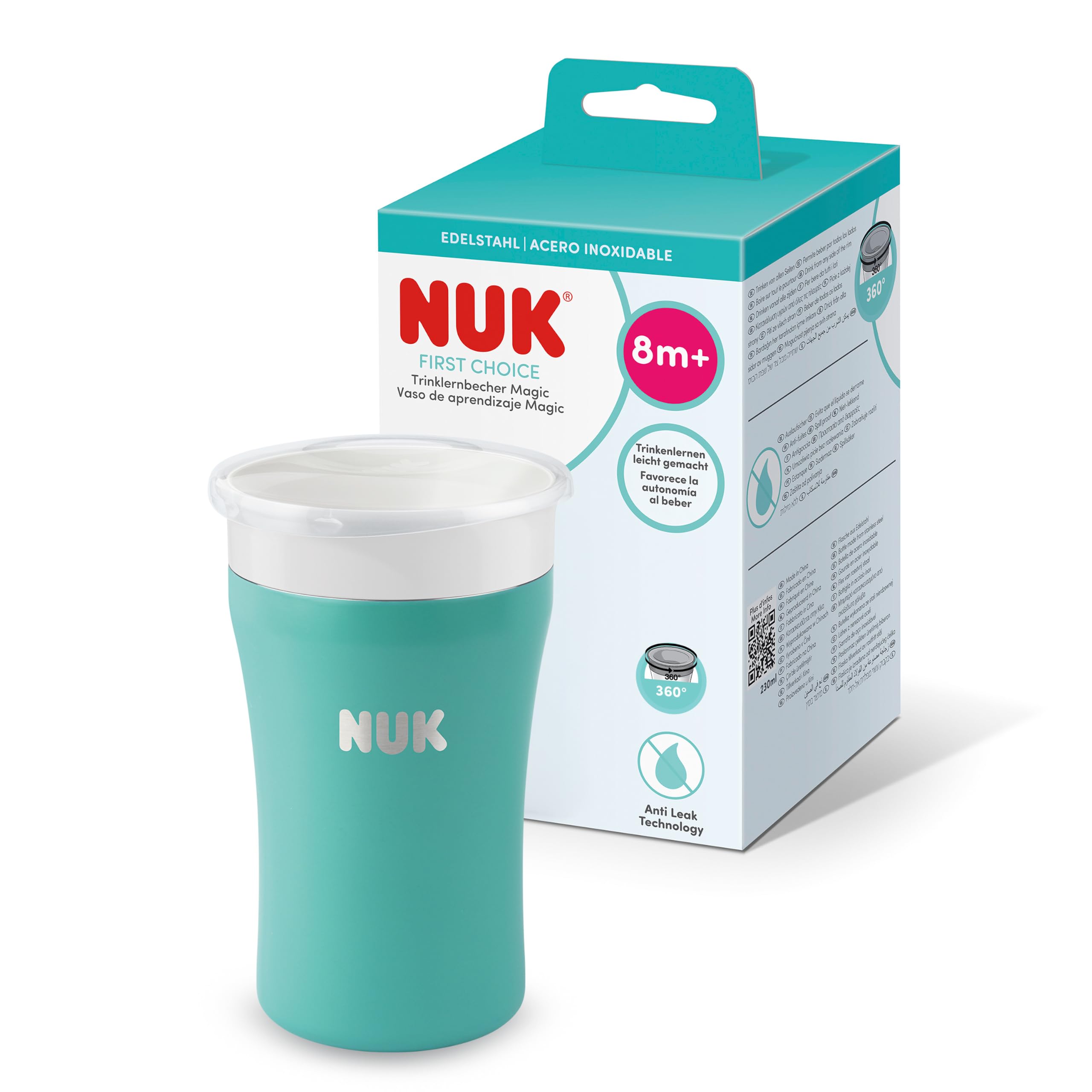 NUK Magic Cup Edelstahl-Trinklernbecher, ab 8 Monaten, Blaugrün, 230 ml, 360° Auslaufschutz-Rand Trinkbecher, hält Getränke warm oder kühl, 1 Stück