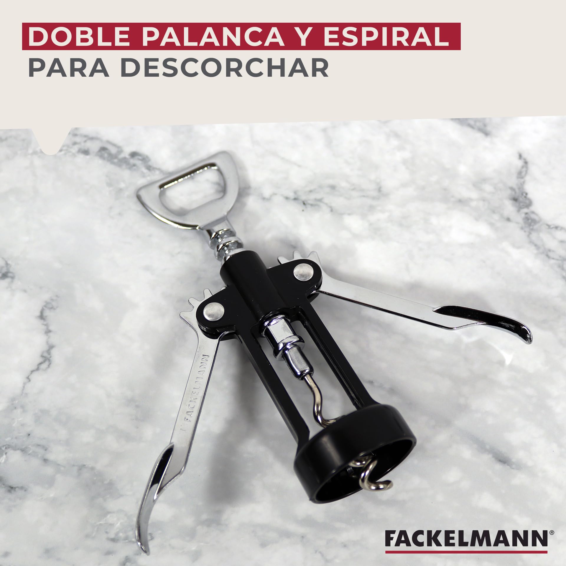 Fackelmann Sacacorchos 2 en 1 para Vino y Cerveza, Acero, Negro e Inoxidable, 16,5x6,5cm