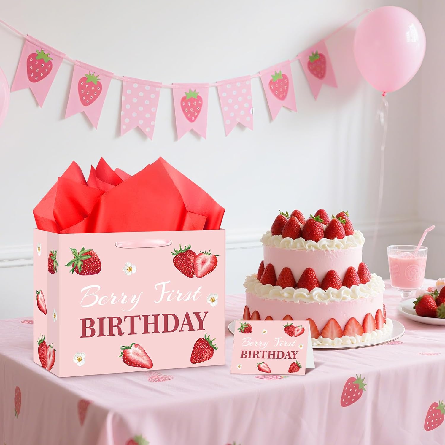 Strawberry 1st Birthday Gift Bag for Baby Girl Berry First Birthday Decorations Pink Sweet One Gift Wrapping Bag with Tissue Paper Greeting Card for Strawberry Theme Baby Shower Bday Party Supplies - Image 2