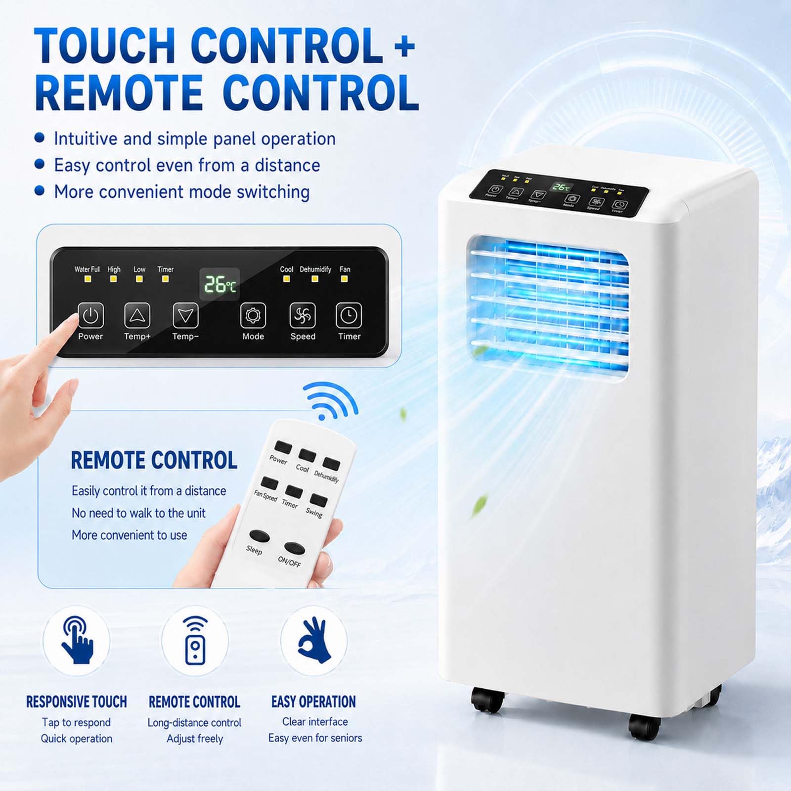 Condizionatore Portatile 3-in-1, con deumidificatore di Raffreddamento e Ventilatore, unità AC Intelligente, Display LED, Oscillazione 120° per casa e Ufficio