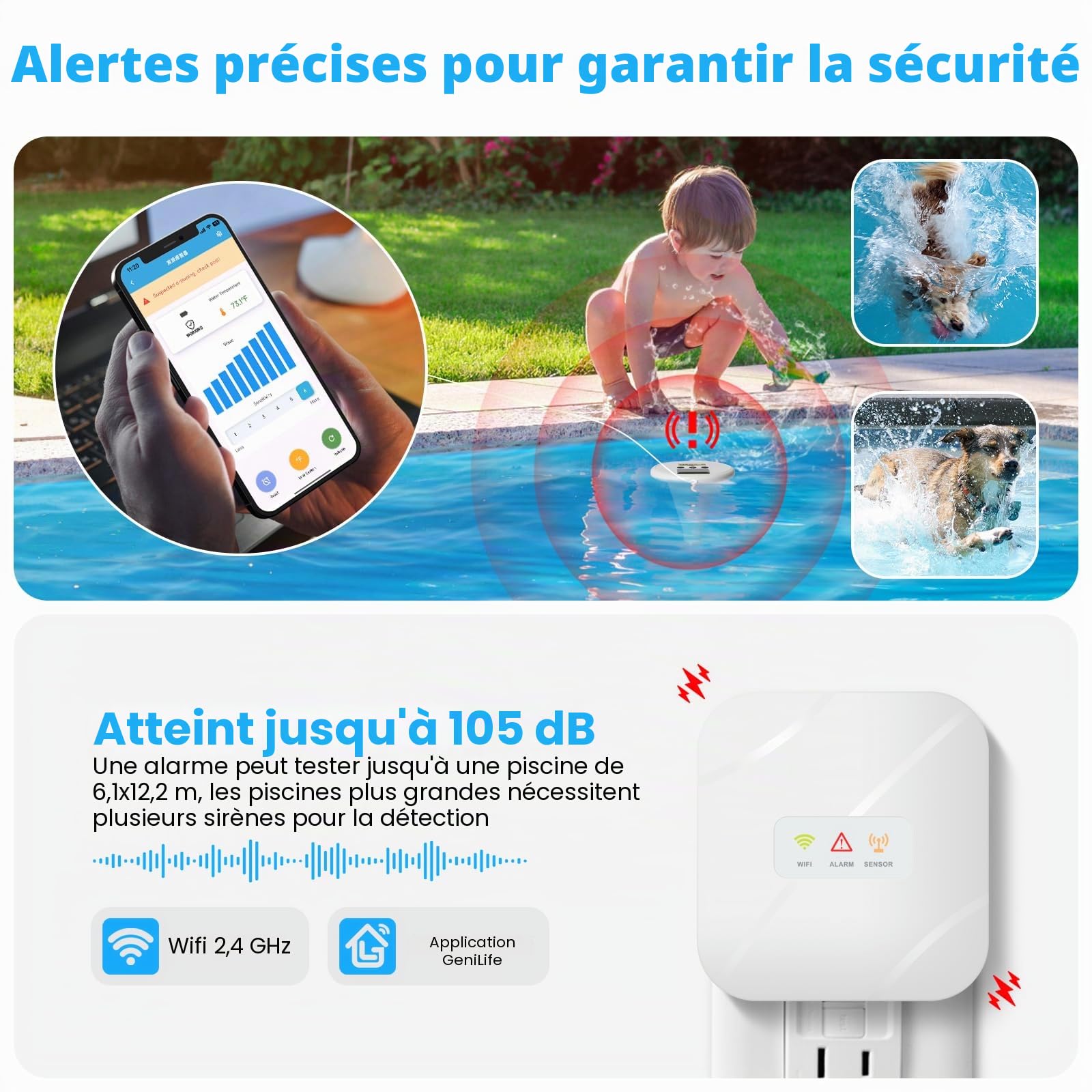 Alarme de piscine WiFi Zuomeng solaire avec haute sensibilité, contrôle intelligent par application, double alarme via appareil et application, offrant une protection supplémentaire pour vos enfants