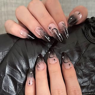 Halloween Press on Nails Almond Fake Nails Medium Length Glossy Full Cover Black False Nails with Leaf Moon Designs Goth Nails Halloween Nails for Women Girls 24pcs