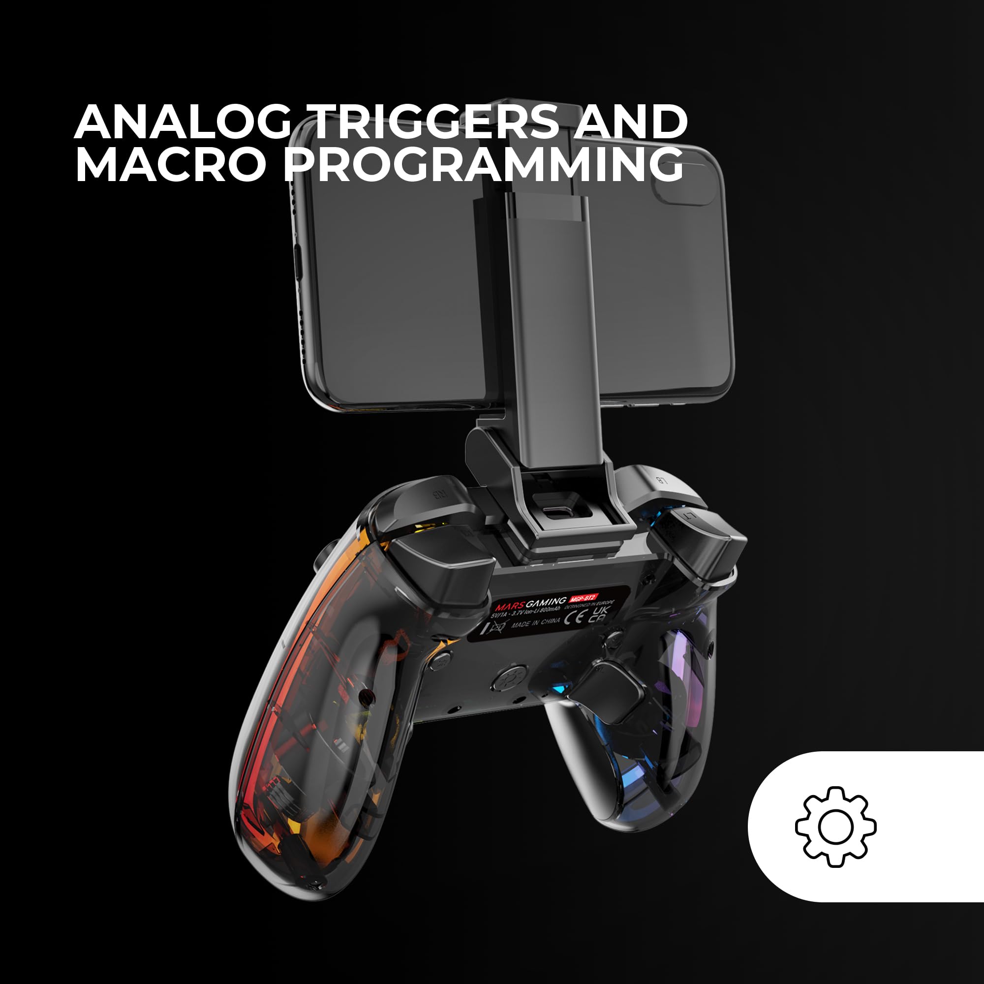 Mars Gaming MGP-BT2 Bluetooth 5.0 Gamepad, RGB Neon, Smartphone Adapter up to 7 inches, Aptic Vibration, Analog Triggers, Macro, Switch, Switch 2, PC, Android, iOS, PS3, PS4, Transparent - 4