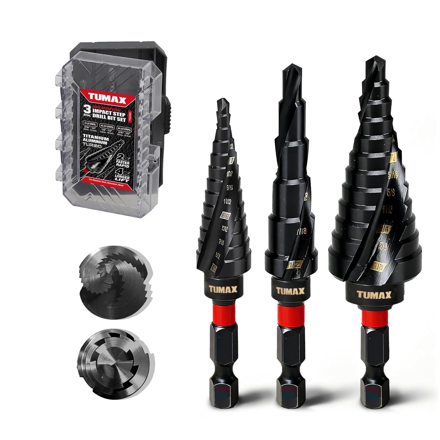 3 PCS M35 Cobalt Step Drill Bit Set with TiAlN Coating, 1/4" Hex Shank Impact Ready, 1/8" to 7/8" HSS-Co Multi-Hole Unibit with Dual-Spiral Flute for Stainless Steel, Metal, HVAC, Electrical