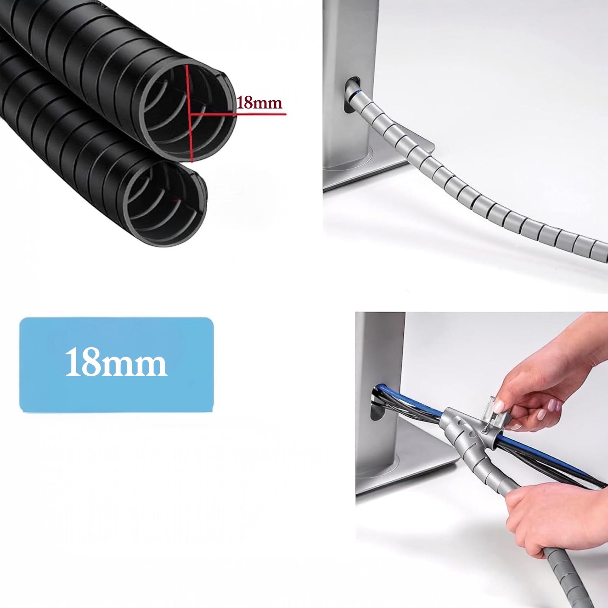 Spirale Avvolgi Cavo Flessibile, 1,5M Ø18mm Guaina per Cavi Flessibile, Raccogli Fili Raccogli Spiralato, con Fermaglio Guidafilo per Organizzare Cavi Di Tv, Computer, Home Theatre 9368012