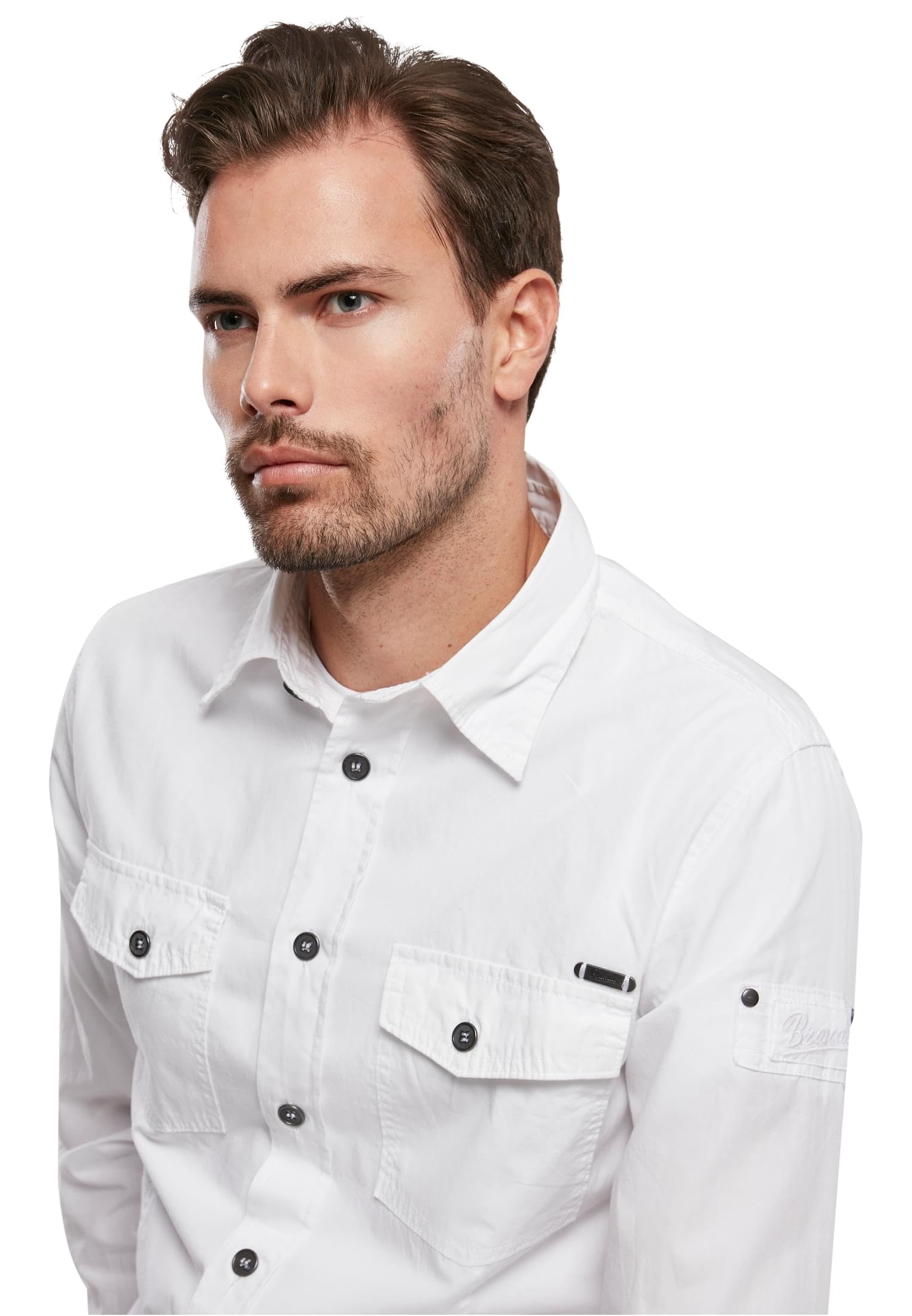 Brandit Camisa Ajustada Hombre Manga Larga Negro Labelpatch, Stickerei Estrechos