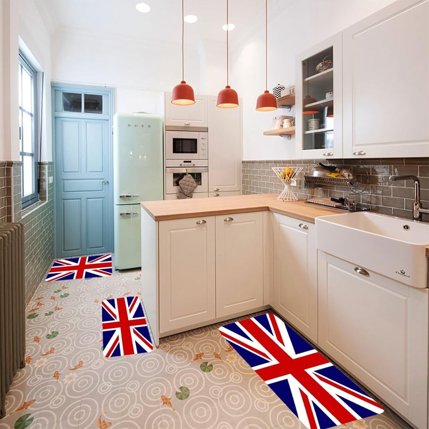 UK Flag Kitchen Rugs Sets of 3 Washable Non Slip Kitchen Rug Water Resistant Carpet Piece Anti Fatigue Kitchen Mats Soft Comfort Standing Mat Modern Area Rug
