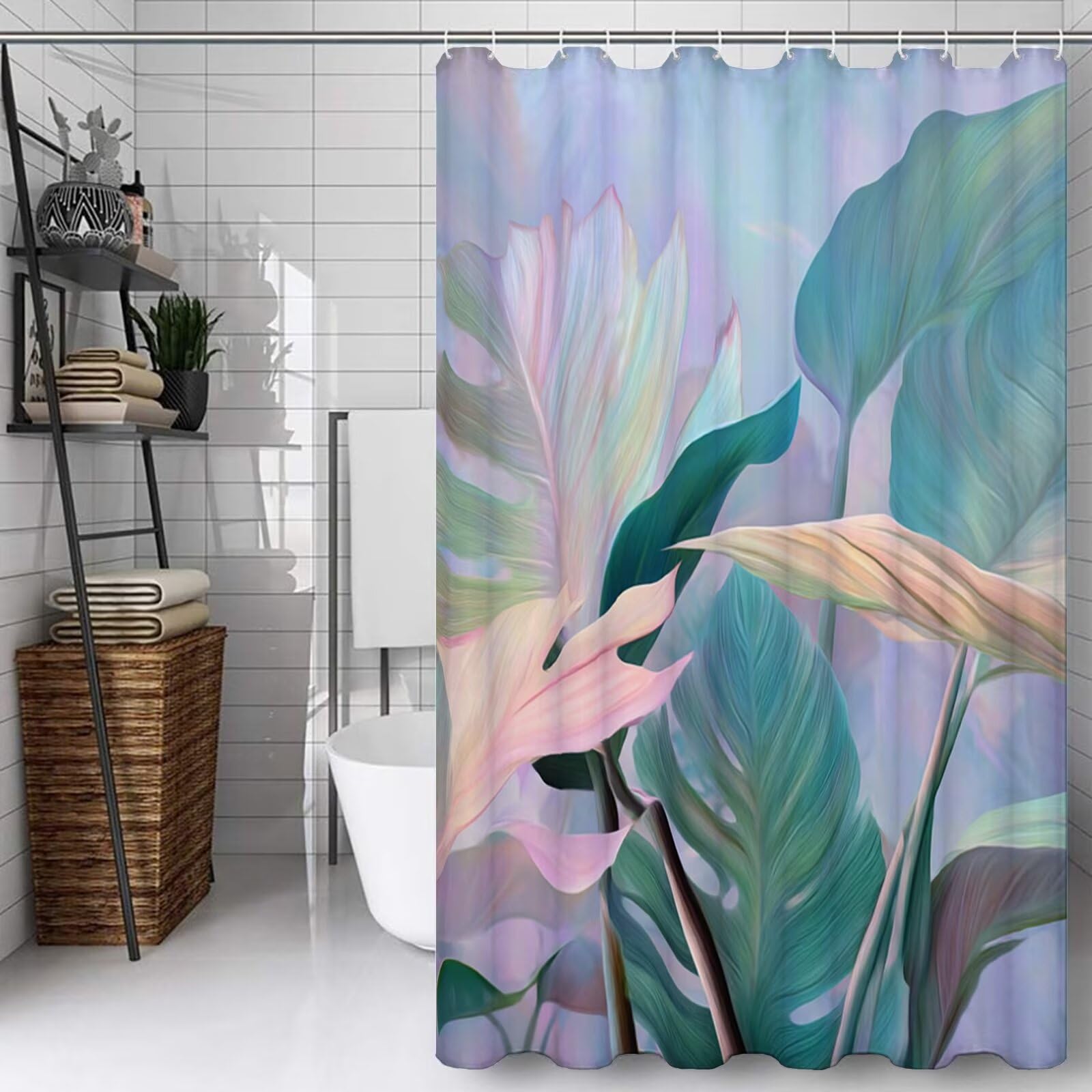 Rideau de douche 150x170cm en polyester imperméable avec 12 crochets et œillets motif feuille