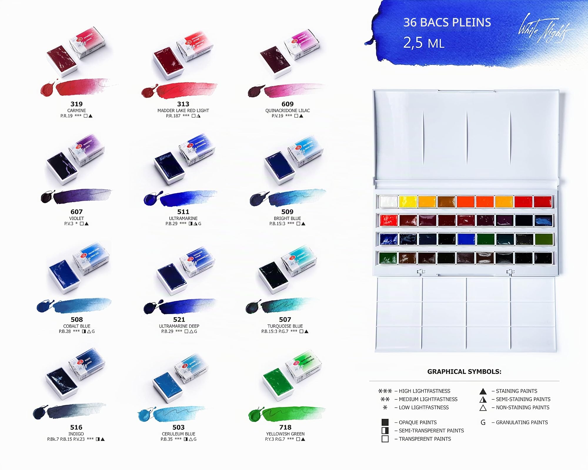 White Nights Aquarelle artiste russe set, 36 godets entiers boîte