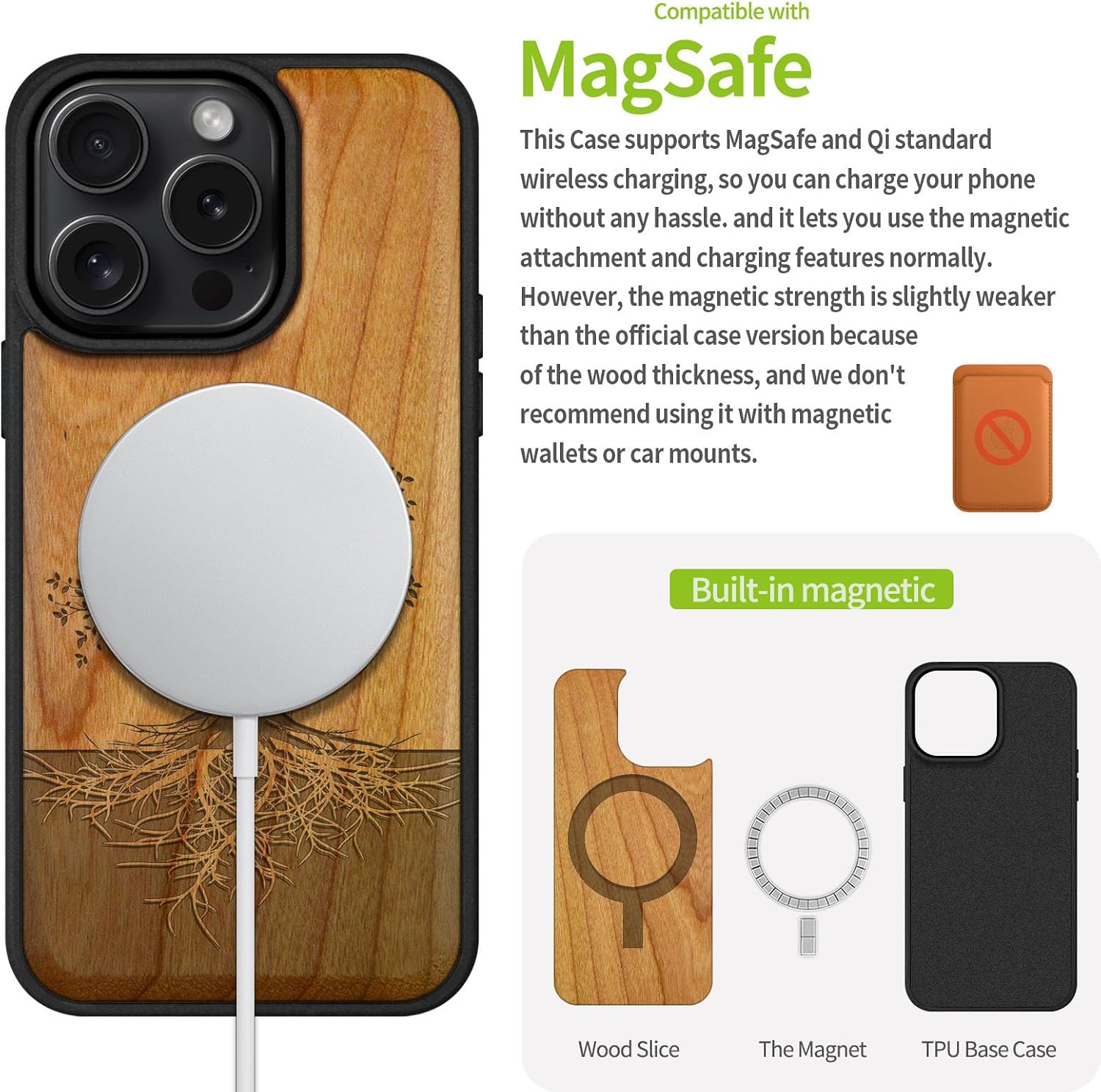 Carveit Magnetic Wooden Case for iPhone 16 Pro Case, Wood Artisan Engraved & Black Soft TPU Shockproof Cover, Compatible with MagSafe Wireless Chargers (The Yin Yang Tree) Cherry