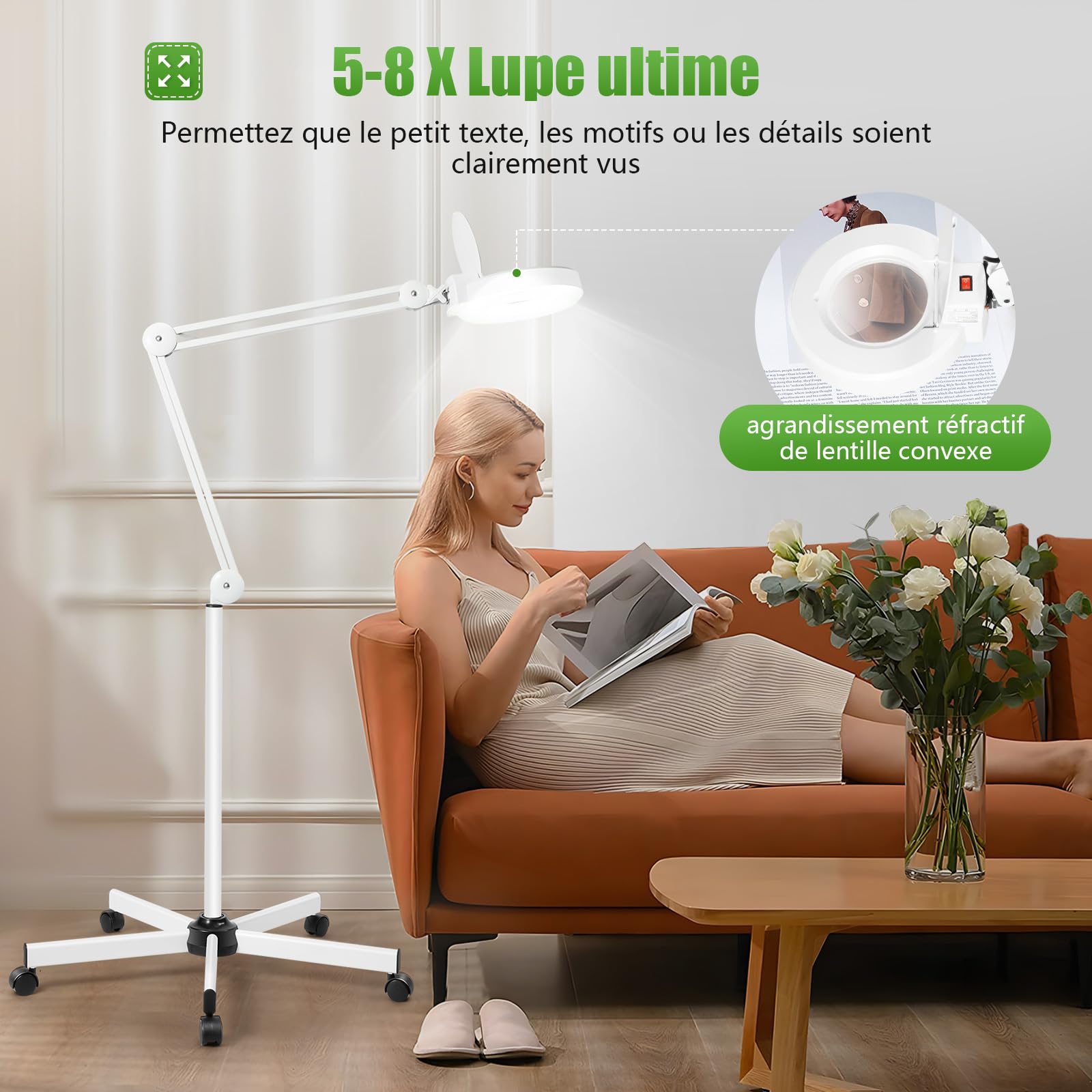 22W LED Lampe Loupe sur Pied Loupe Eclairante Lampe Esthetique Professionnel 5 Dioptres Lampe à Bras Pivotant Réglabl pour Salon de Beauté, Coiffure，Dentiste