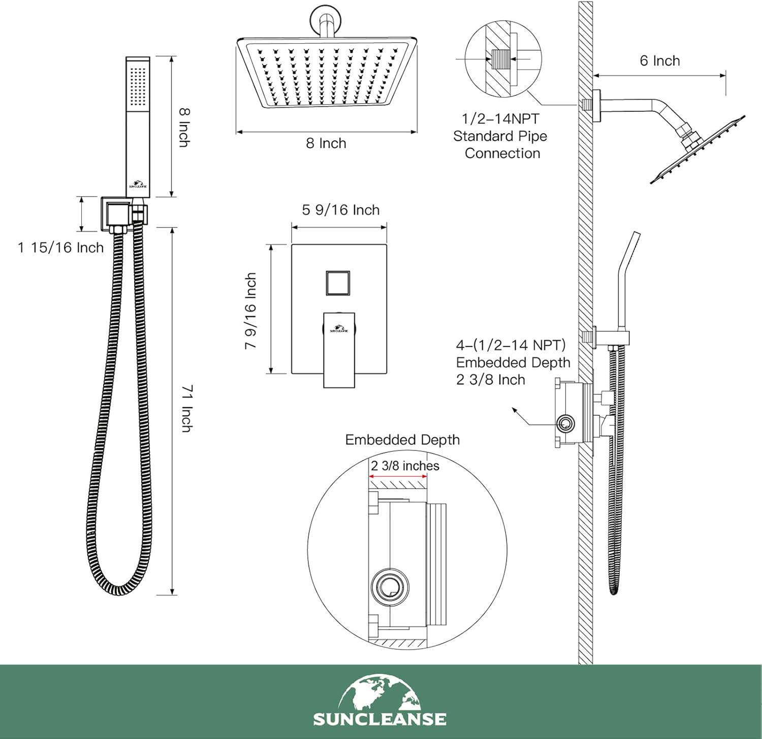 Shower System Rainfall Shower Faucets Set Oil Rubbed Bronze, 8 Inch Wall Mounted Rain Shower Head with Handheld Spray Shower Valve and Trim Included