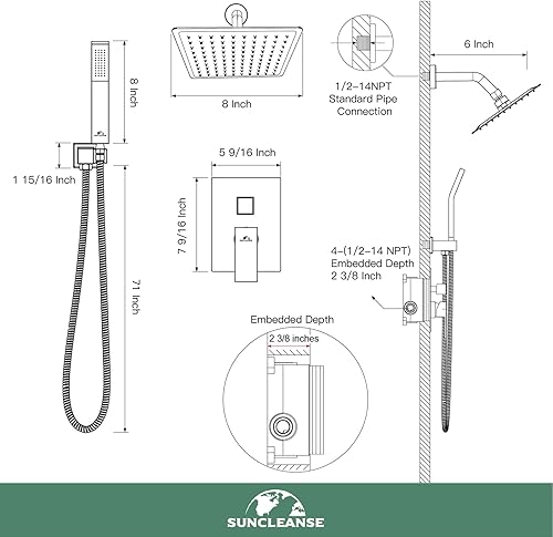 Miniatura 7 de Sistema de ducha de lluvia juego de grifos de ducha dorado cepillado, cabezal de ducha de lluvia montado en la pared de 8 pulgadas con válvula de