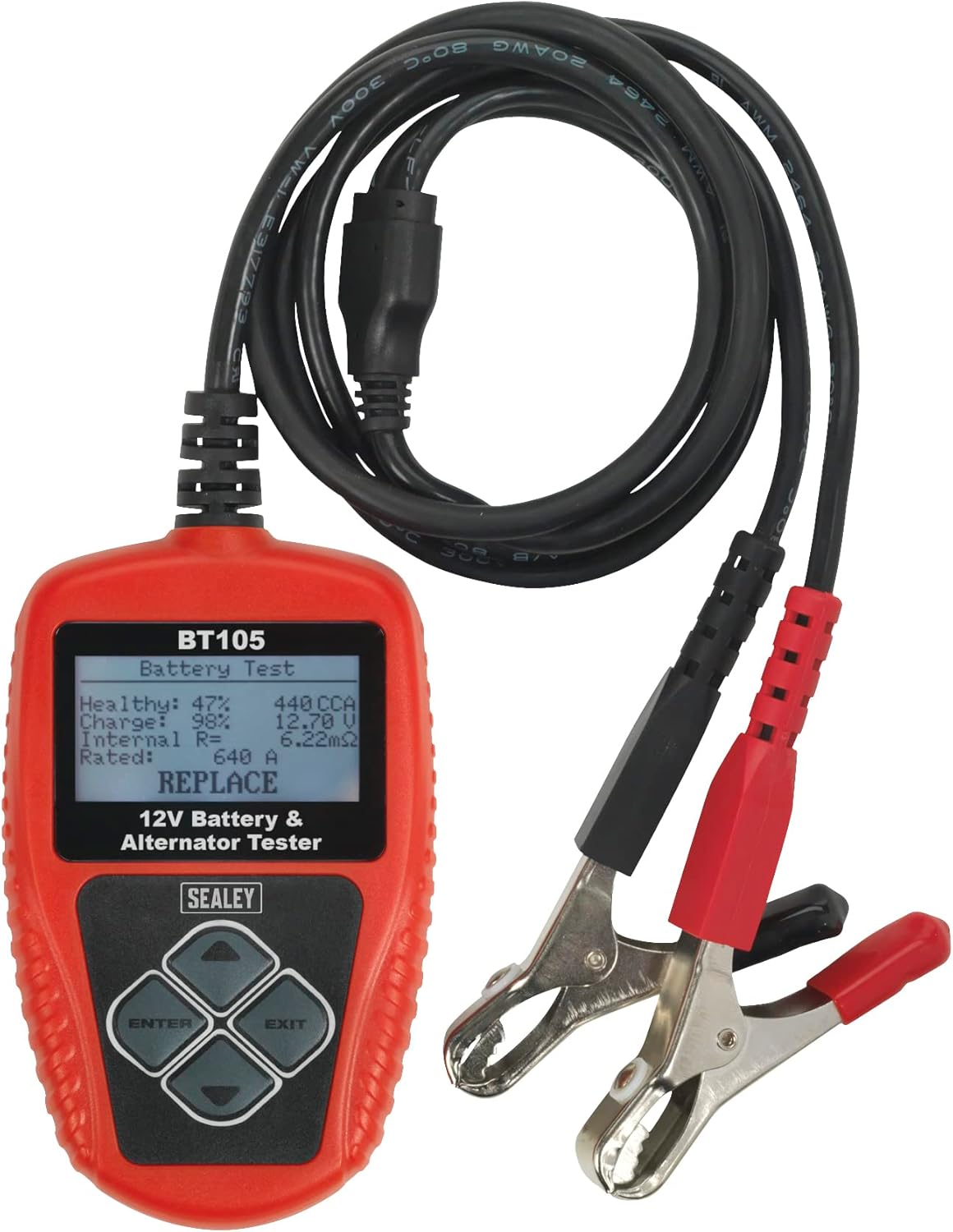 Sealey BT105 tester displaying battery test results with 'REPLACE' recommendation