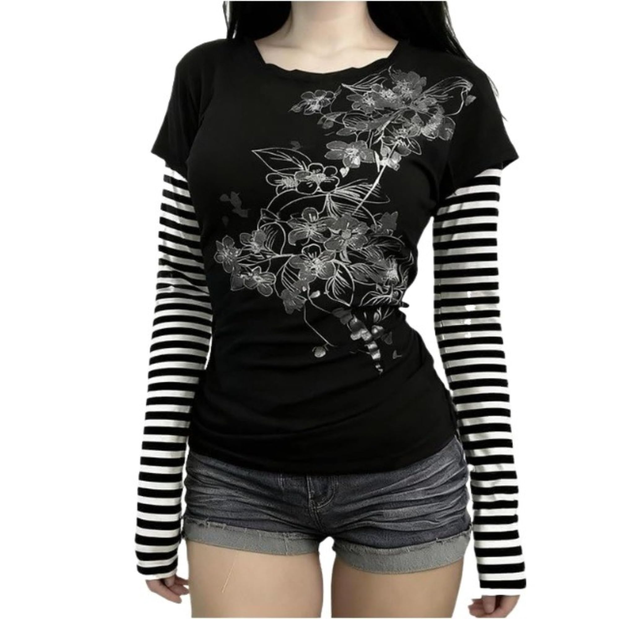 Y2k Grunge Striped Shirts Teen Girls Women Scene Alt 2000s Clothes Long Sleeve Emo Goth Top Vintage Graphic Tees, Black, M