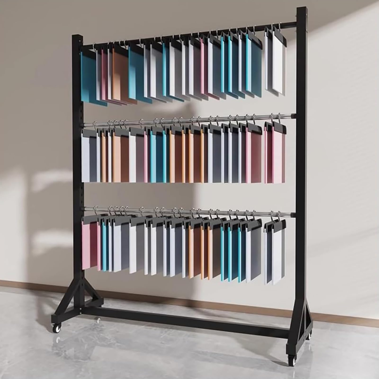 Présentoir à rouleaux de tissu sur roulettes pour rideaux et couvertures