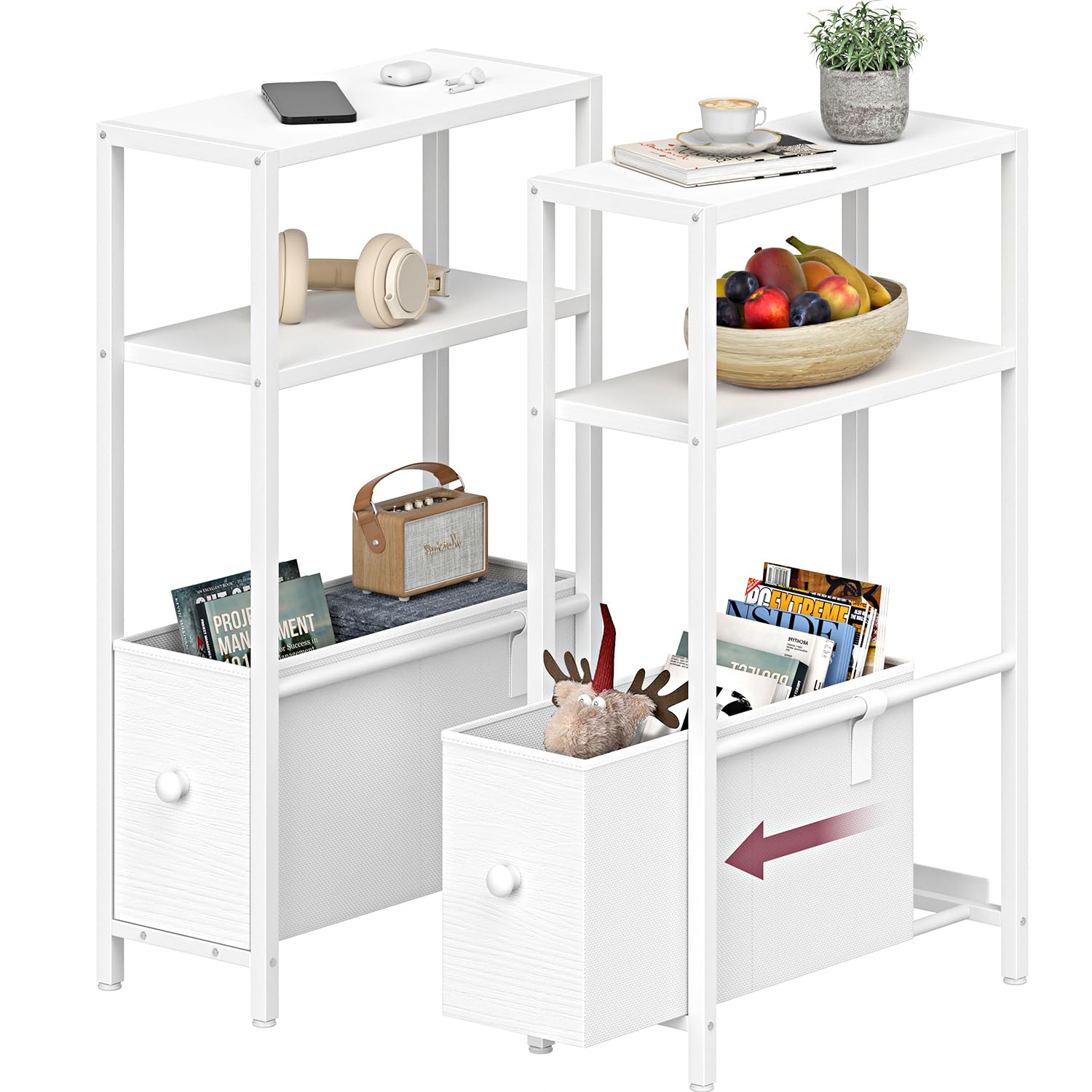 KLUVIS Skinny Side Table with Storage - Narrow End Table for Small Space Bedroom Living Room Slim Bedside Tables Thin Nightstands Set of 2, White (