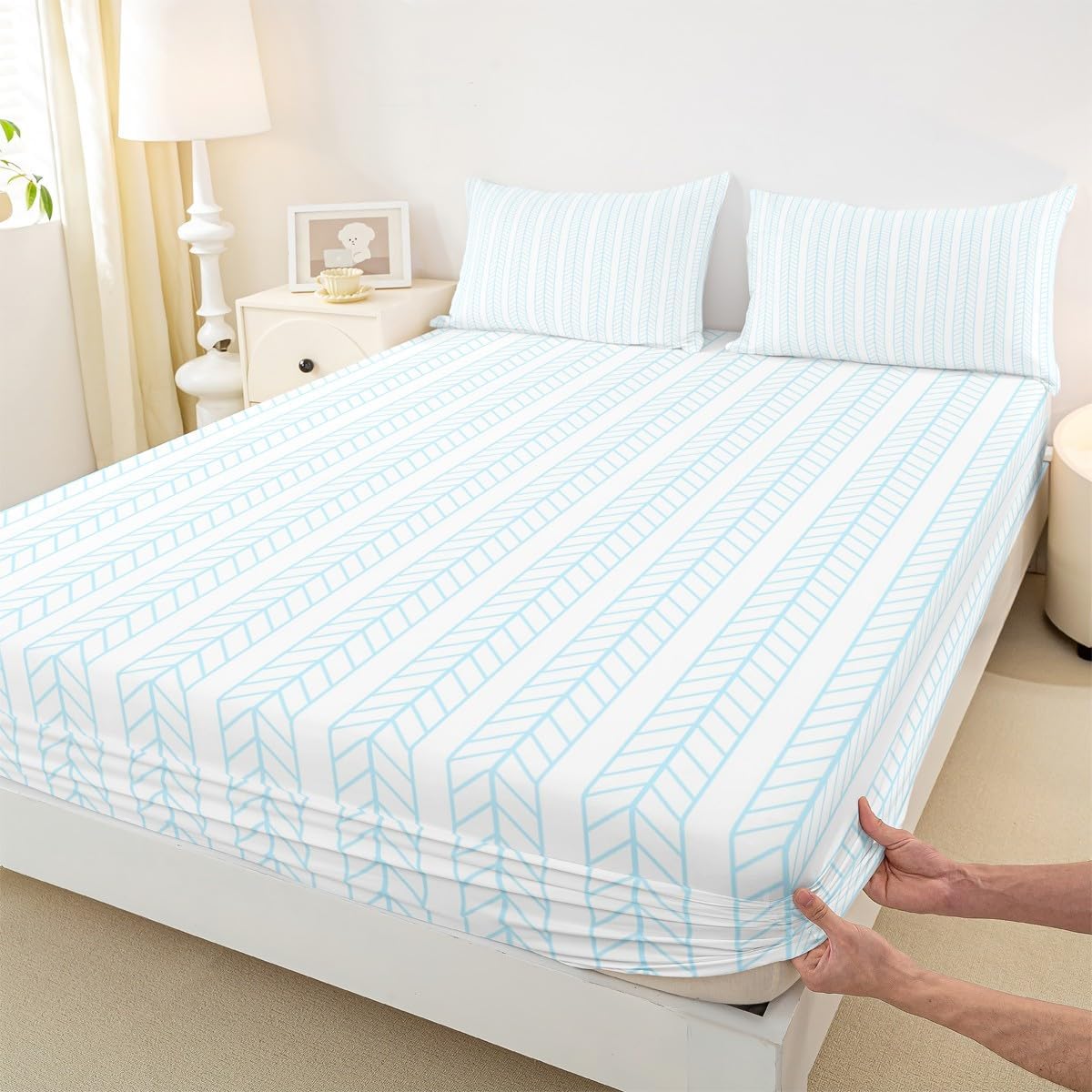 Geometric Stripe Patchwork Kids Sheet Twin Size,Arrow Rhombus Geometric Bedding Set, Abstract Modern Boys Girls Room Decor, Baby Blue Sheet(Fitted+Flat+1 Pillowcase)