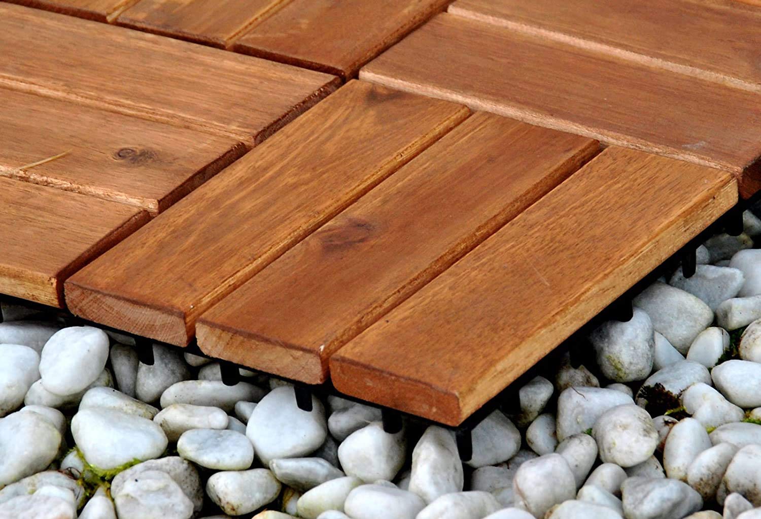 Lot économique de 33 Dalles en Bois 02 pour 3 m² - Dalles de terrasse en Bois d'acacia avec 12 Lattes pour Jardin, terrasse, Balcon, revêtement de Sol avec sous-Structure de Drainage