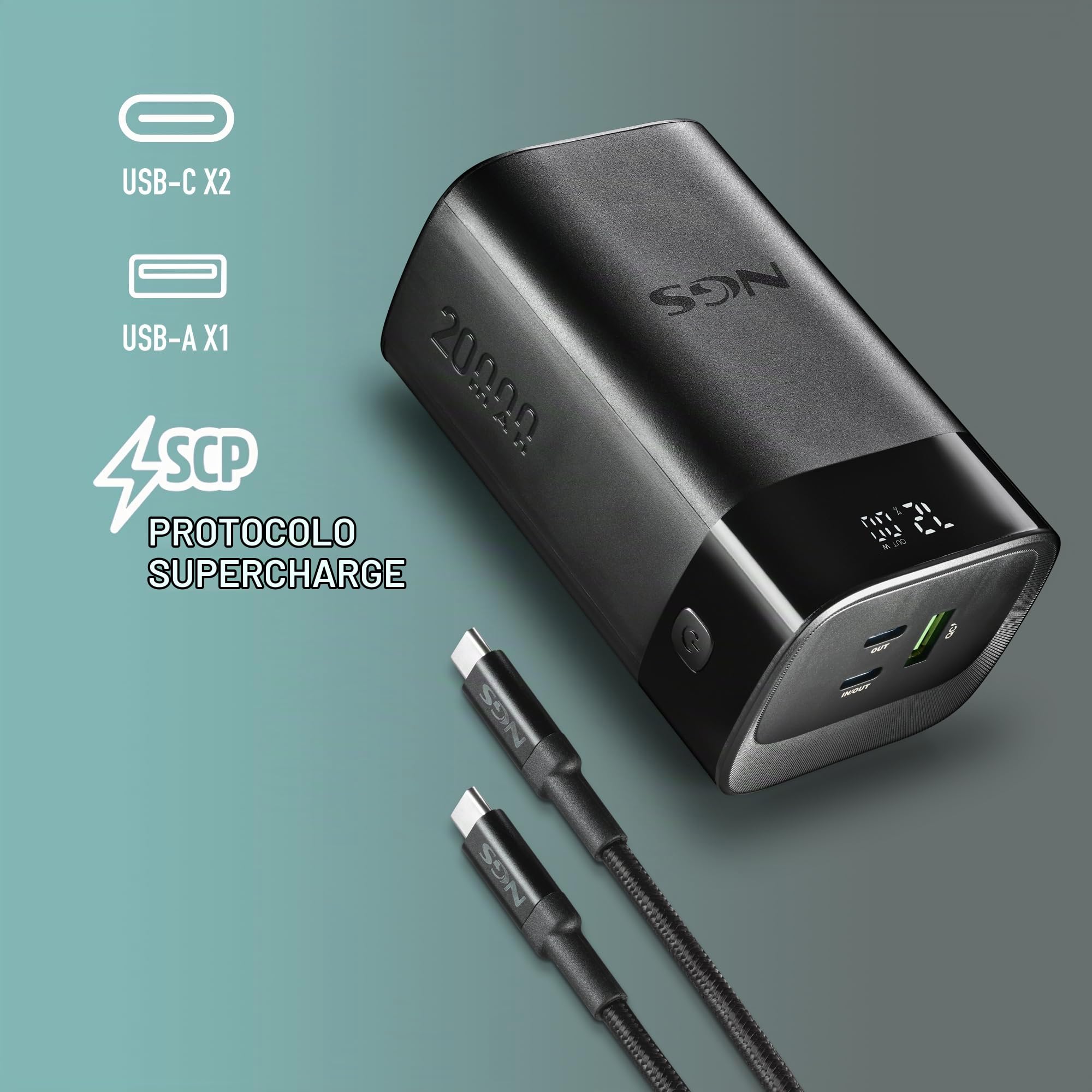 NGS Twix 20 - Batería Portátil 20000mAh, 65W Carga Rápida, USB-C 20W y USB-A QC 22,5W, Pantalla LED Precisa, Compacta y Ligera, Compatible con iPhone, Samsung, Xiaomi, Huawei, Laptop