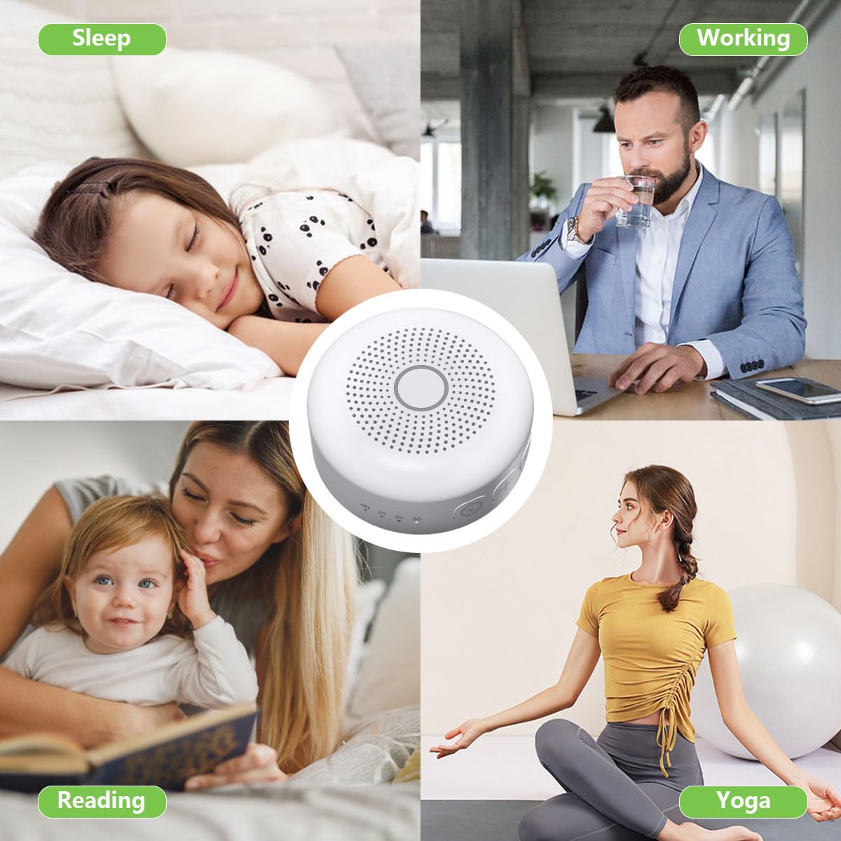Machine à bruit blanc avec 25 sons apaisants et 32 niveaux de volume avec corde de suspension portable et prise casque, batterie intégrée, 4 minuteurs et fonction mémoire, convient pour les bébés, les