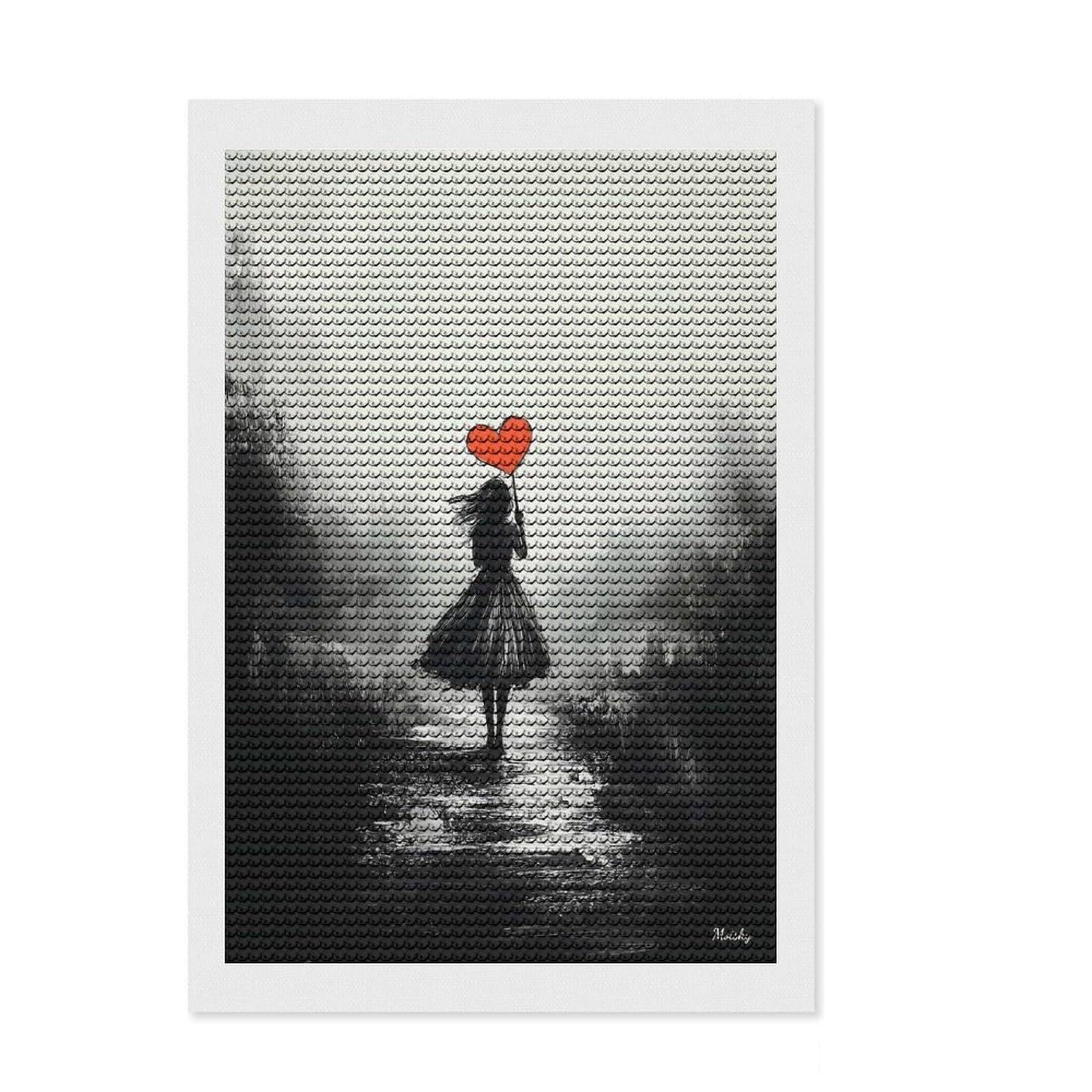 Junmoney Vintage Solitude – Girl with Heart Balloon in Dreamlike Mist 5D Diamond Painting Kit 8"x12", for Teens, Living Room Decor, Full Kit Included, Artistic Hobby, Leisure Activity