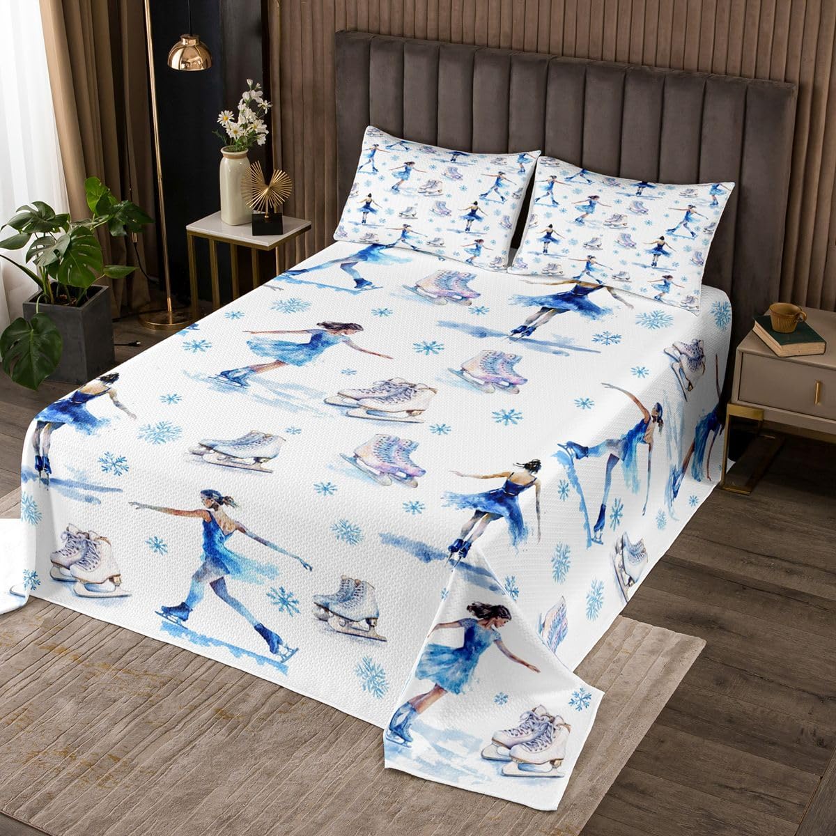 jejeloiu Ice Skating Bedspread 2 Pieces Twin Size Cartoon Snowflake Dreamy Coverlet Set Soft Cozy Ice Skates Figure Skating Romantic Sports Quilted Coverlet for All Season with 1 Pillowcase