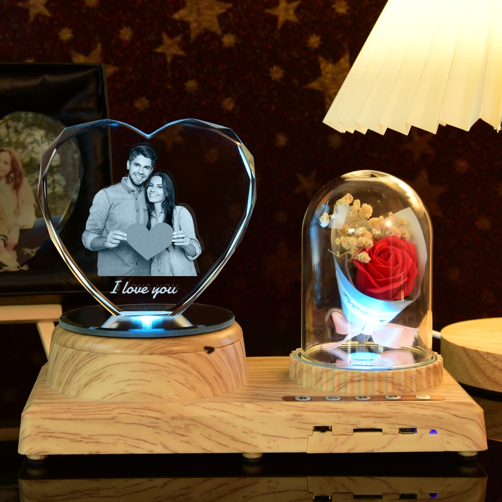Personalized Customized 3D Heart Crystal Glass Photo Picture Etched Engraved with Your Own Picture, Rose Bluetooth Colorful Rotary Music Lights, Wedding Gift, Christmas