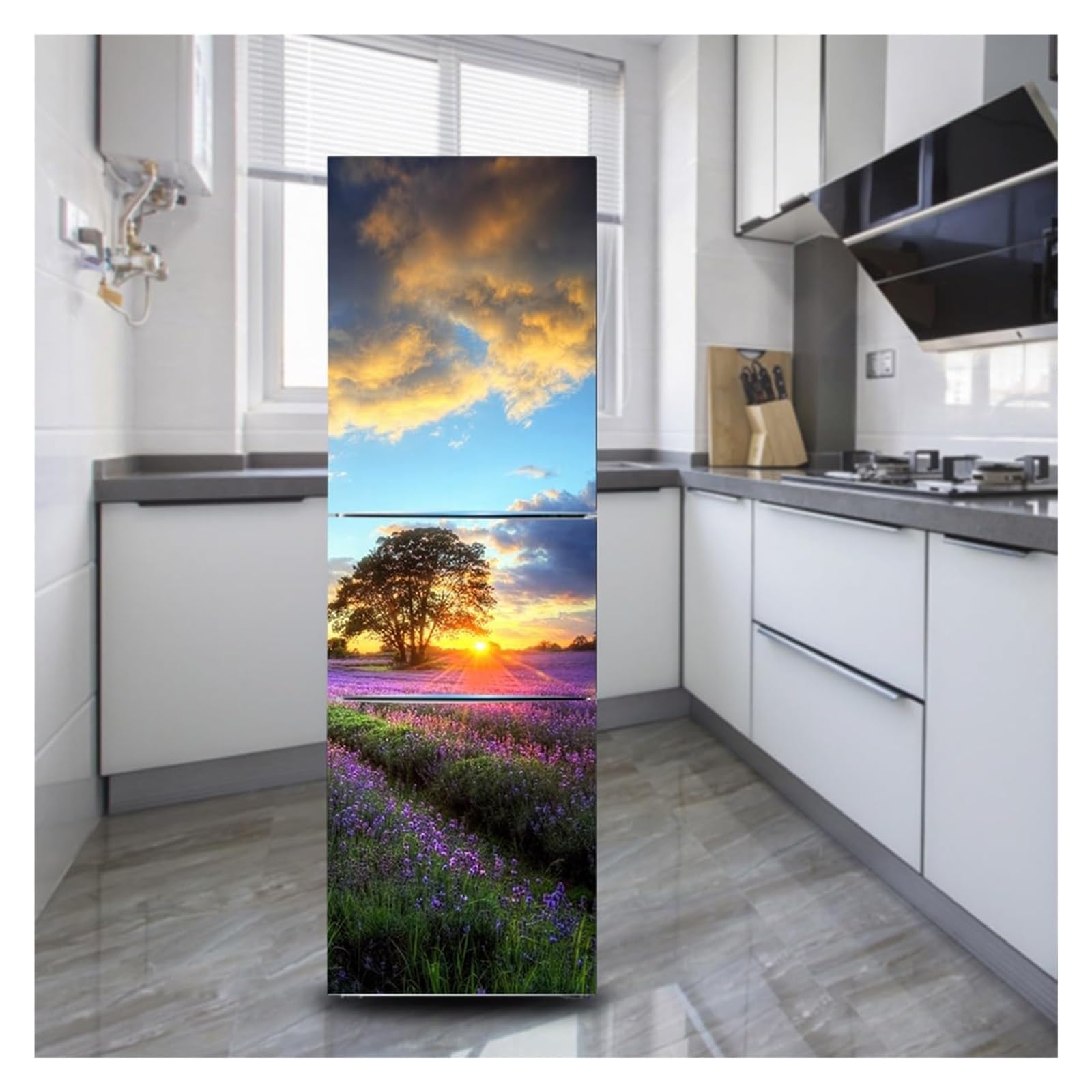 GDHKDDFL Minimalist, luxury-inspired fridge decals, Freezer Skins Wall Stickers for Kitchen Decal, Purple Lavender Sunset Scenery(M: 60x180 cm)