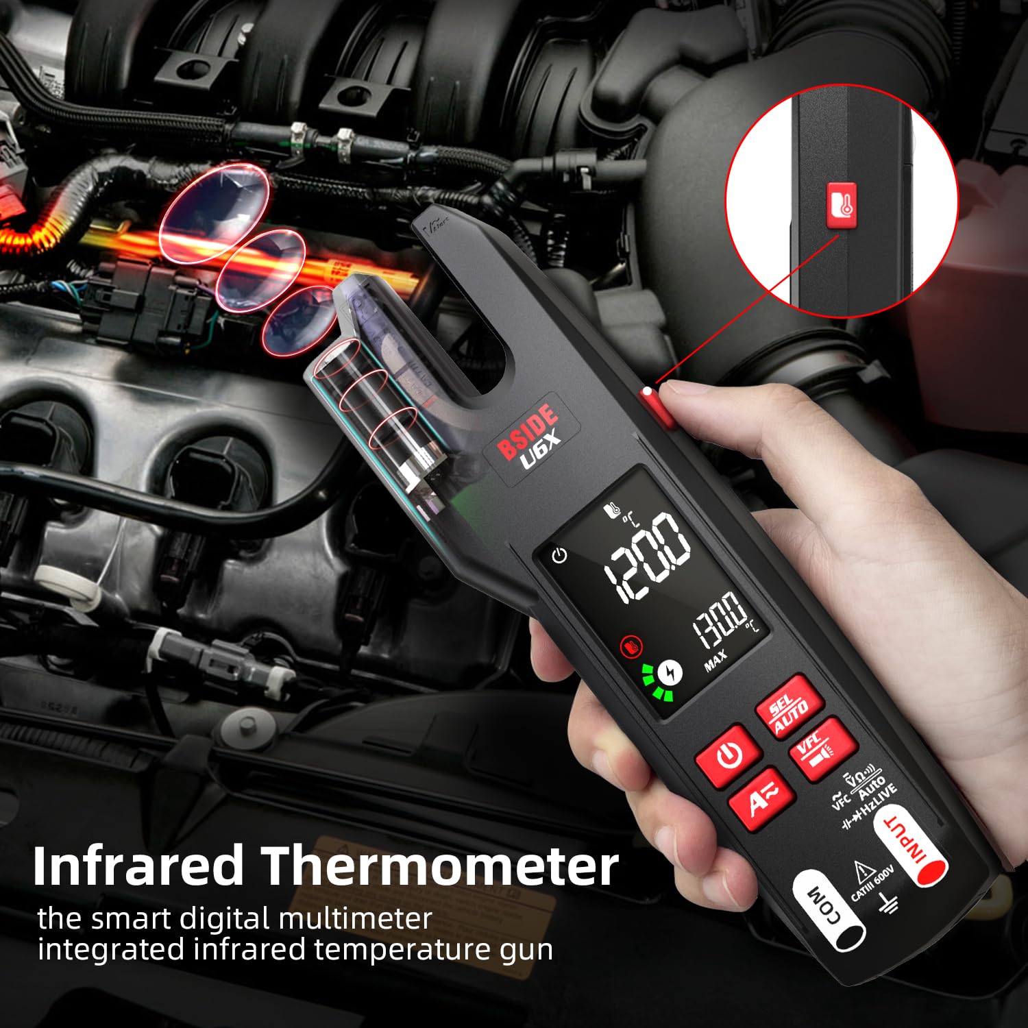 BSIDE U6X probador eléctrico pinza amperimétrica abierta AC DC 600A con termómetro IR mejorado 12:1 LCD color 9999 cuentas VFC multímetro digital inteligente TRMS con batería recargable