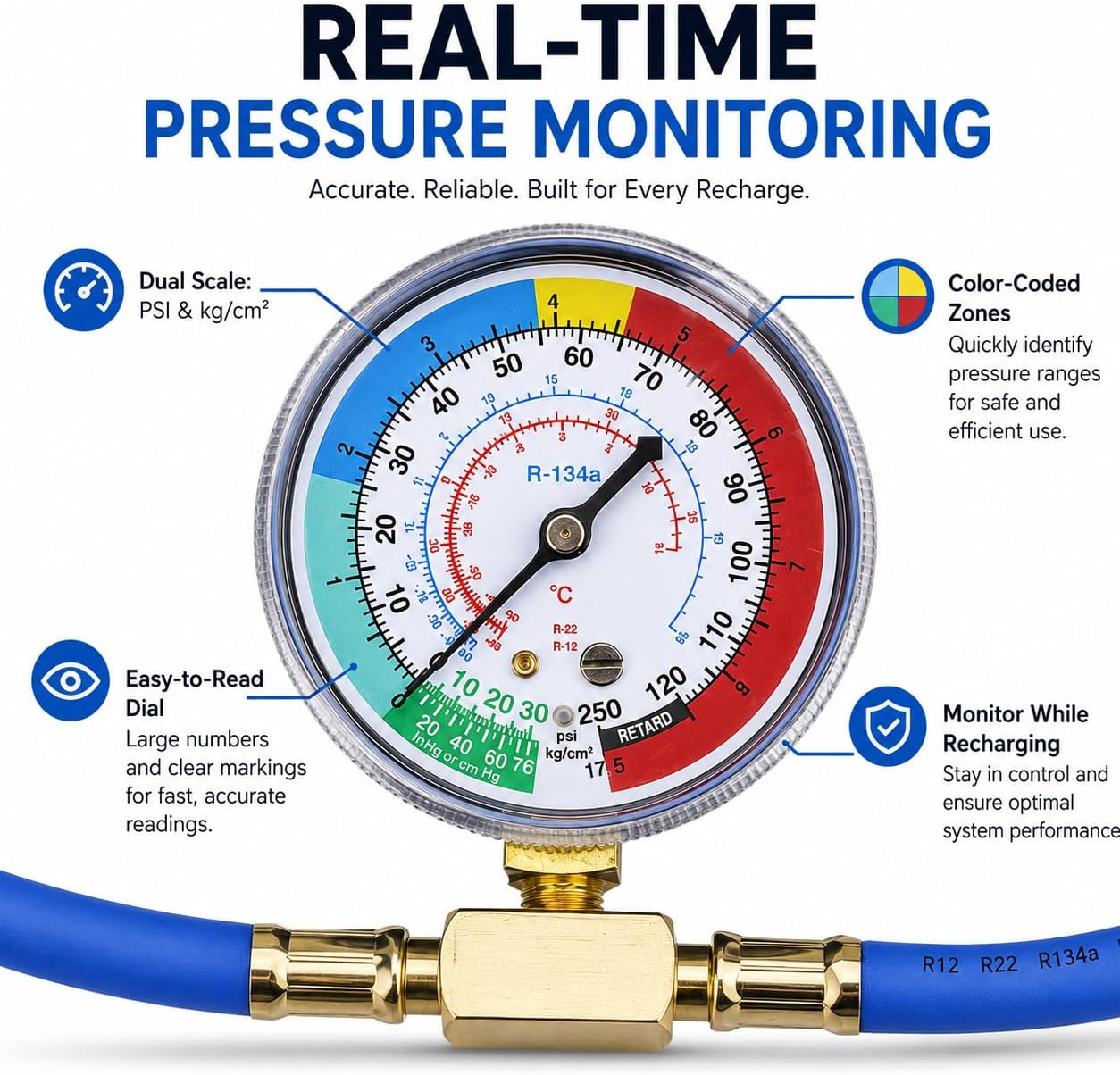 R1234YF Refrigerant Recharge Kit with Gauge – 1234YF Refrigerant & R134A AC Recharge Kits, with R-1234YF r134a Recharge Kit Self-Piercing Can Tap, Low-Side Quick Coupler, R410A Adapter for Auto AC