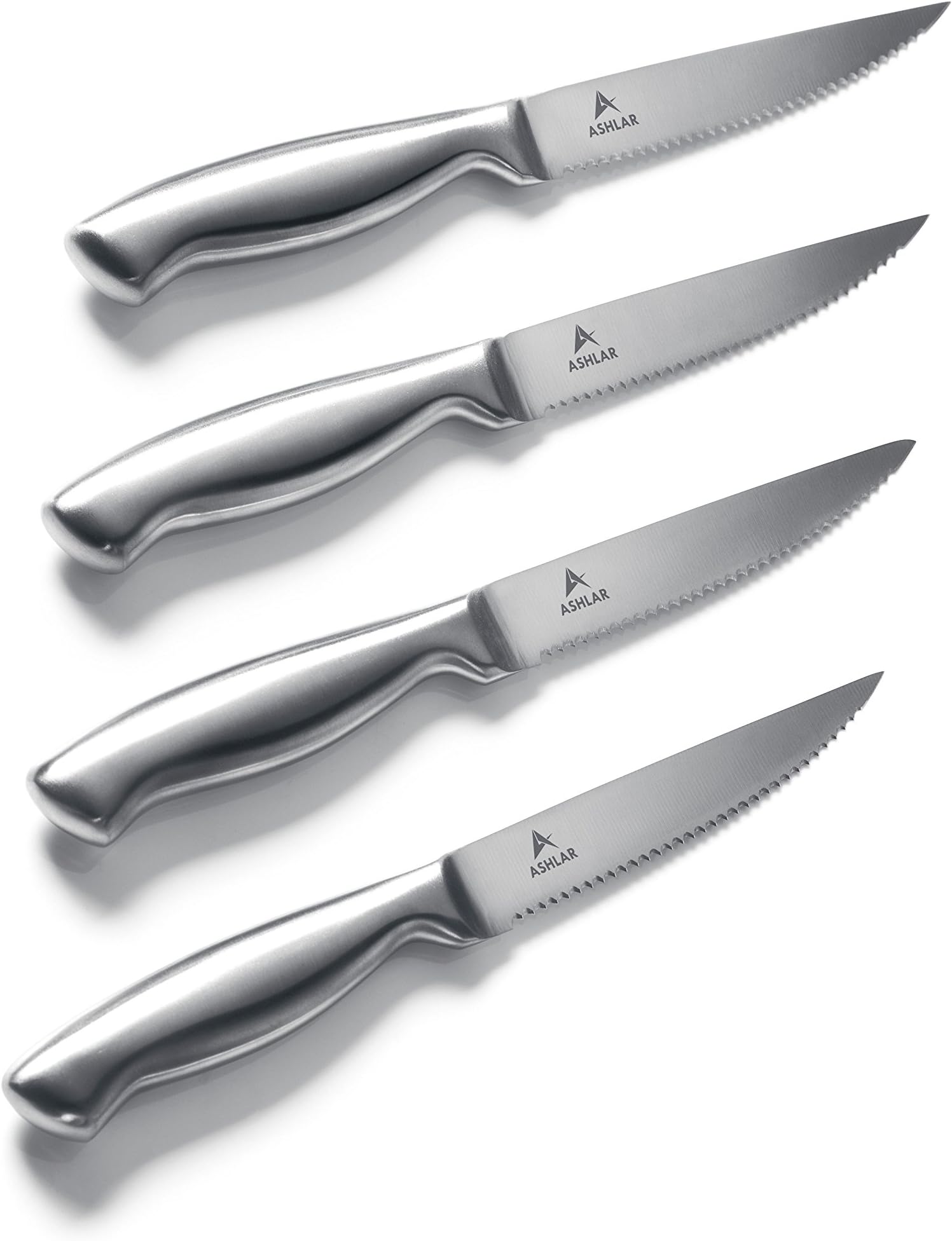 Ashlar Steak Knives Set of 4 Serrated Stainless Steel Dishwasher Safe Ideal Family Dinner Kitchen Set Full Edge Serration Rust Resistant