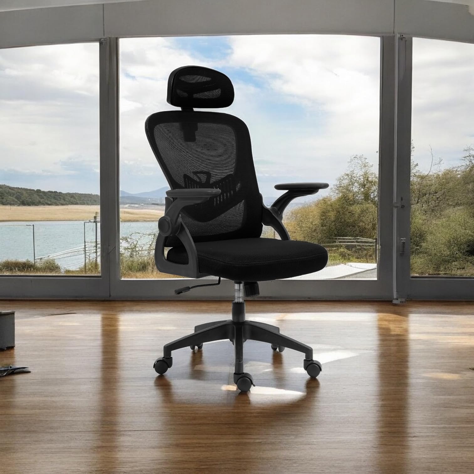 Sedia Ergonomica da Ufficio con Altezza Regolabile Braccioli Pieghevoli Nero
