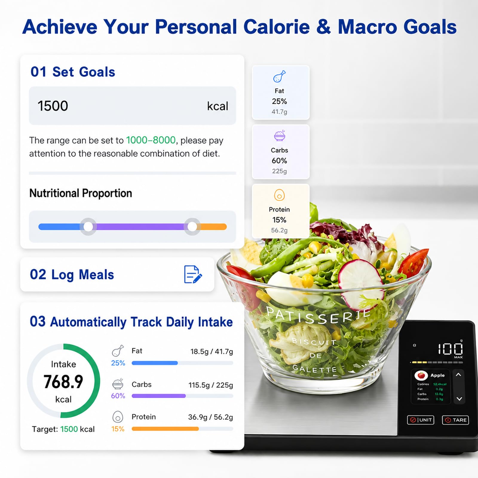 Balance alimentaire intelligente avec calculatrice nutritionnelle, application gratuite et affichage couleur, balance de cuisine numérique pour suivi des calories, des glucides, des graisses et des