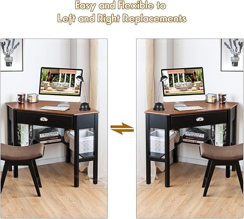 Miniatura 3 de RELAX4LIFE Escritorio esquinero para computadora triangular con cajón y estantes, mesa estable para computadora portátil, escritorio para oficina en