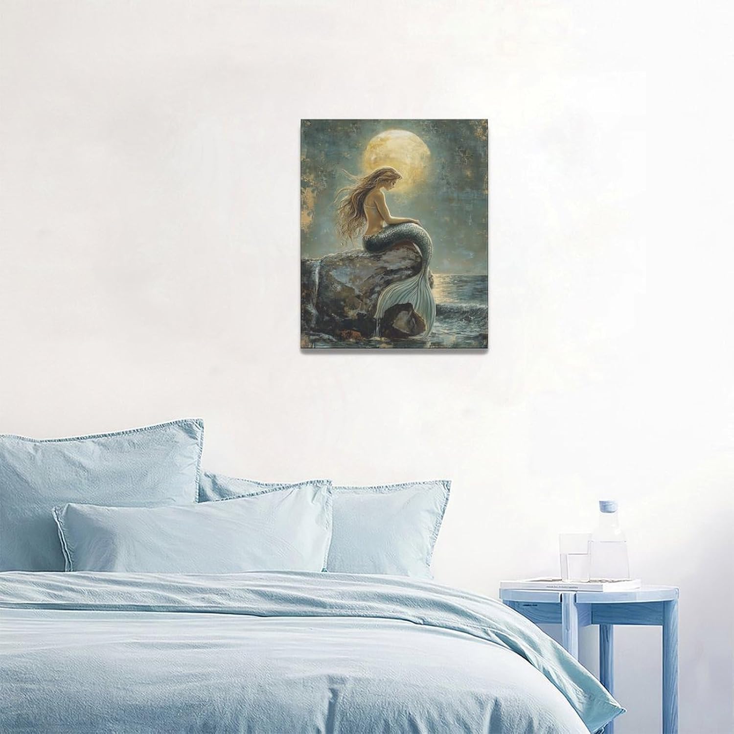 Olivine Mermaid Wall Art, Ocean Pictures Wall Decor, Retro Coastal Moon Canvas Print Painting, Framed Artwork for Bathroom Bedroom Living Room Girl's Room Office Home Decoration 20"x16"